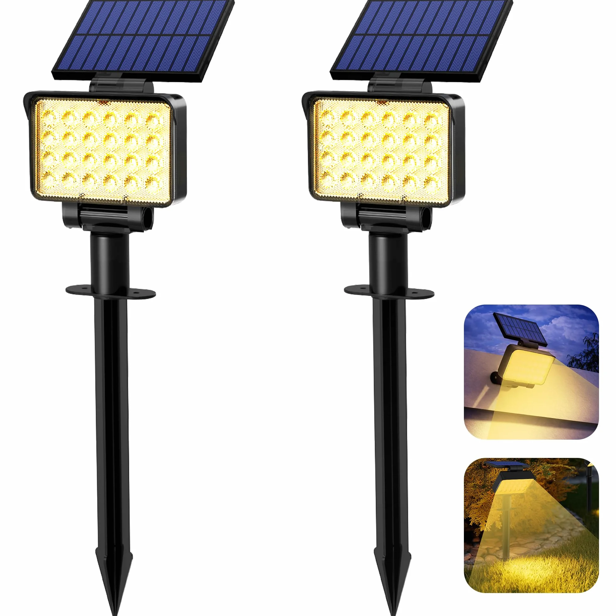 Solpex Solarne oświetlenie punktowe do użytku na zewnątrz, klasa wodoszczelności IP65, 24 diody LED, zasilane energią słoneczną reflektory do dróg, ogrodów, ogrodzeń (ciepła biel, 2 sztuki)