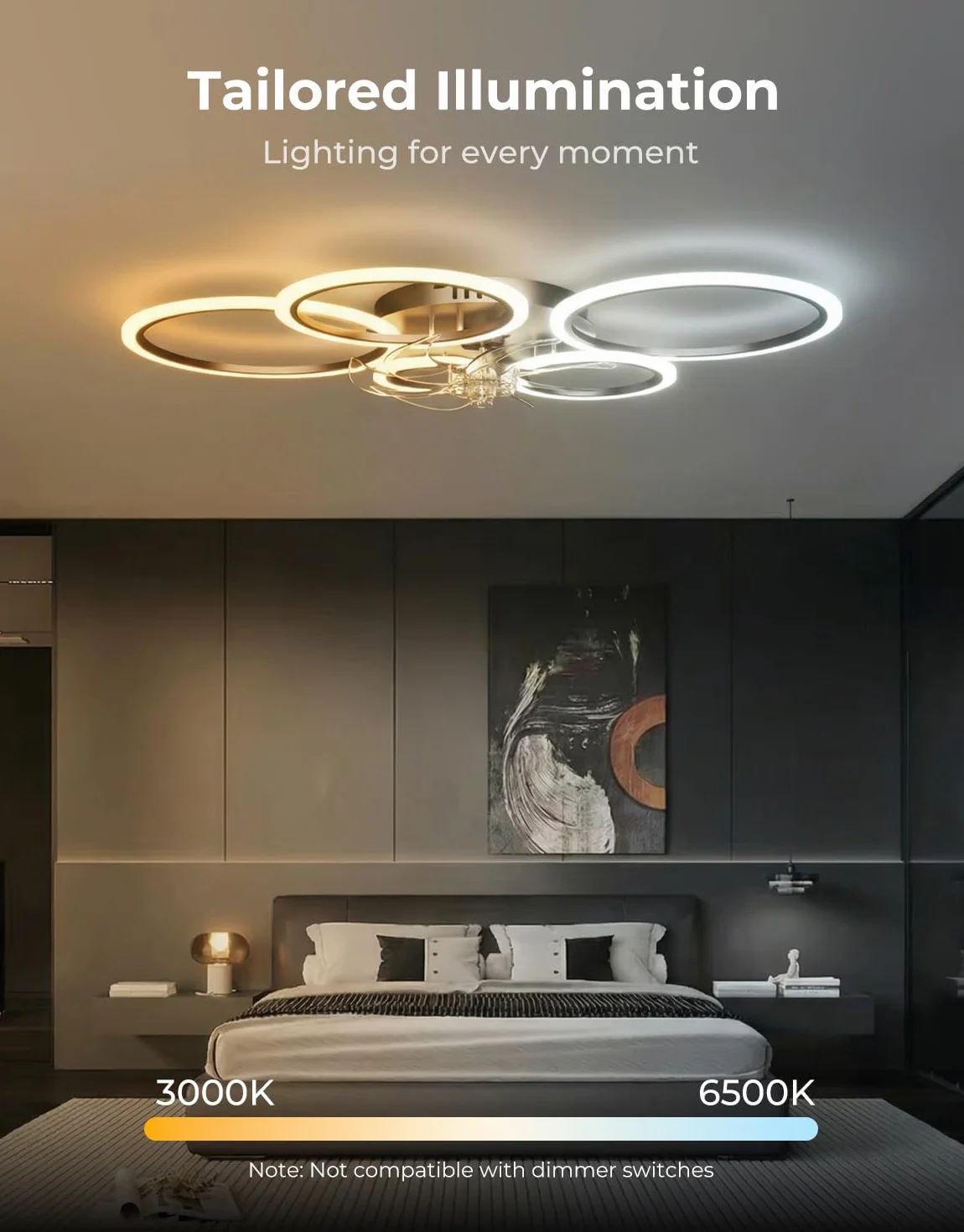 Wentylator sufitowy LED z silnikiem DC, kompatybilny z Alexa, Asystent Google, 6 prędkości, ściemnianie, tryb letni/zimowy
