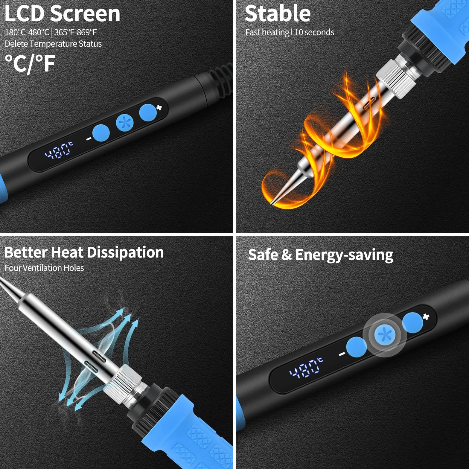 Zestaw lutownicy 80 W z wyświetlaczem LCD, regulowaną temperaturą 180-480°C, 5 końcówek, stojak, pompa