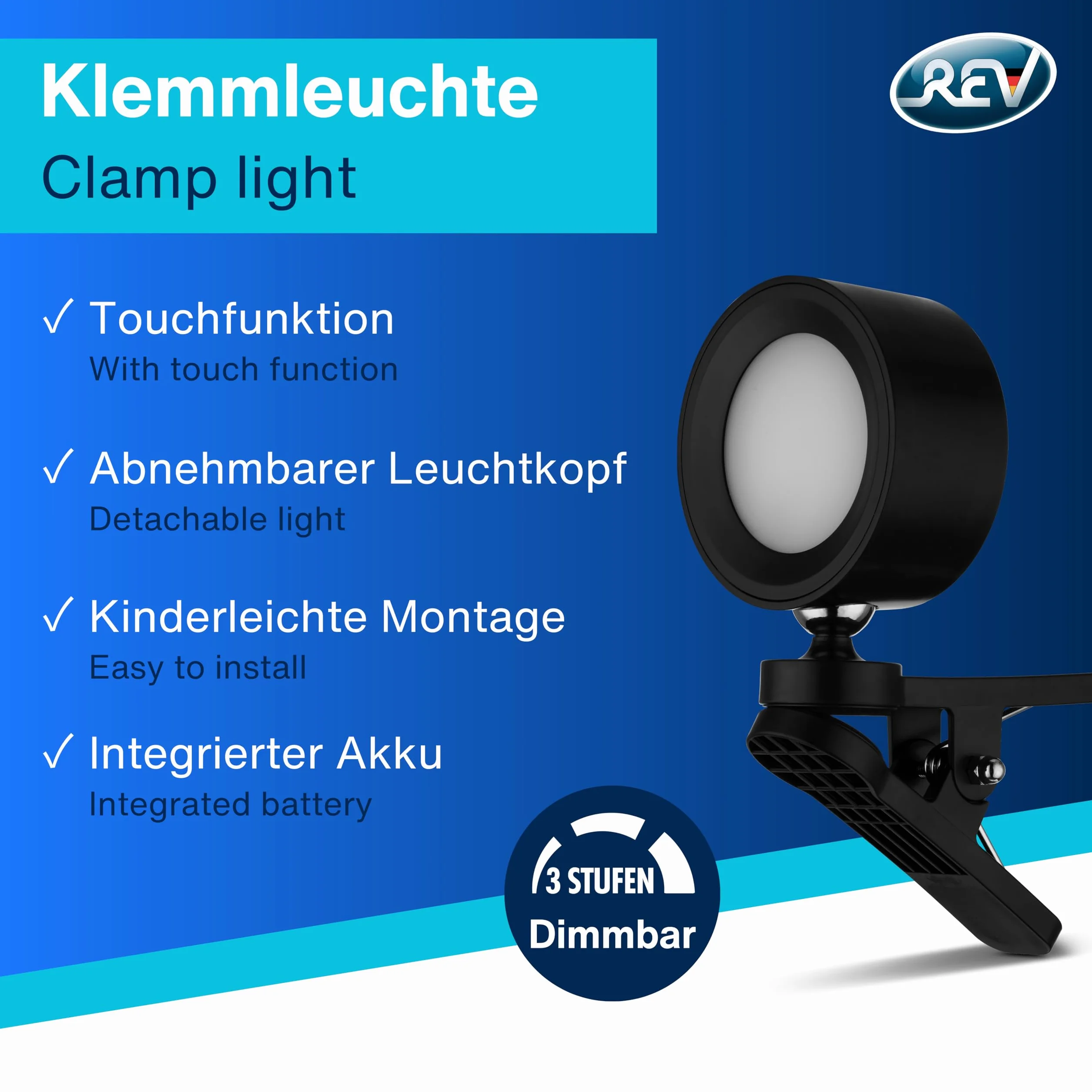 REV Lampa zaciskowa LED 150 lm ściemnialna 360° czarna
