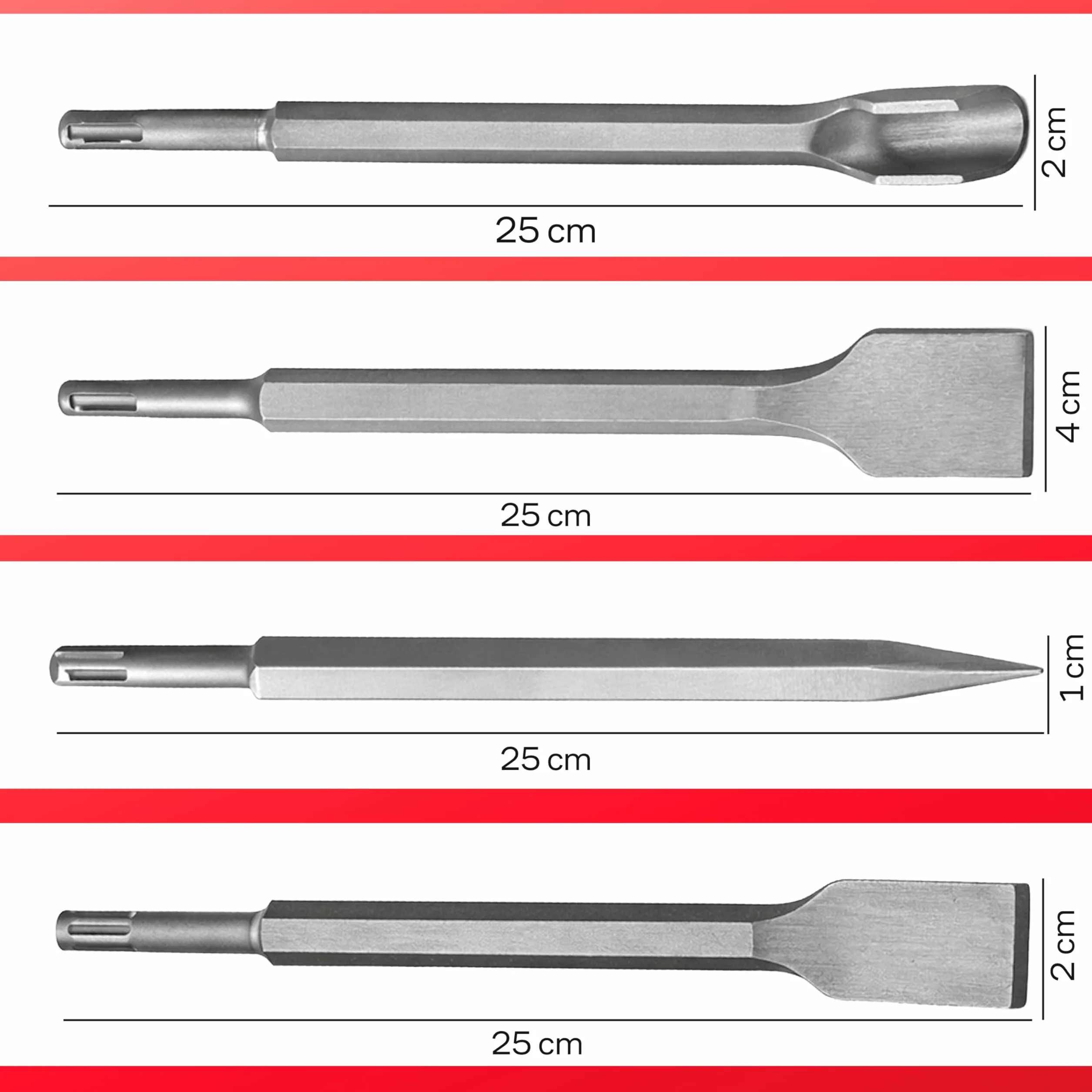 Retoo SDS Plus 4-częściowy zestaw dłut 250 mm do betonu, cegły, asfaltu