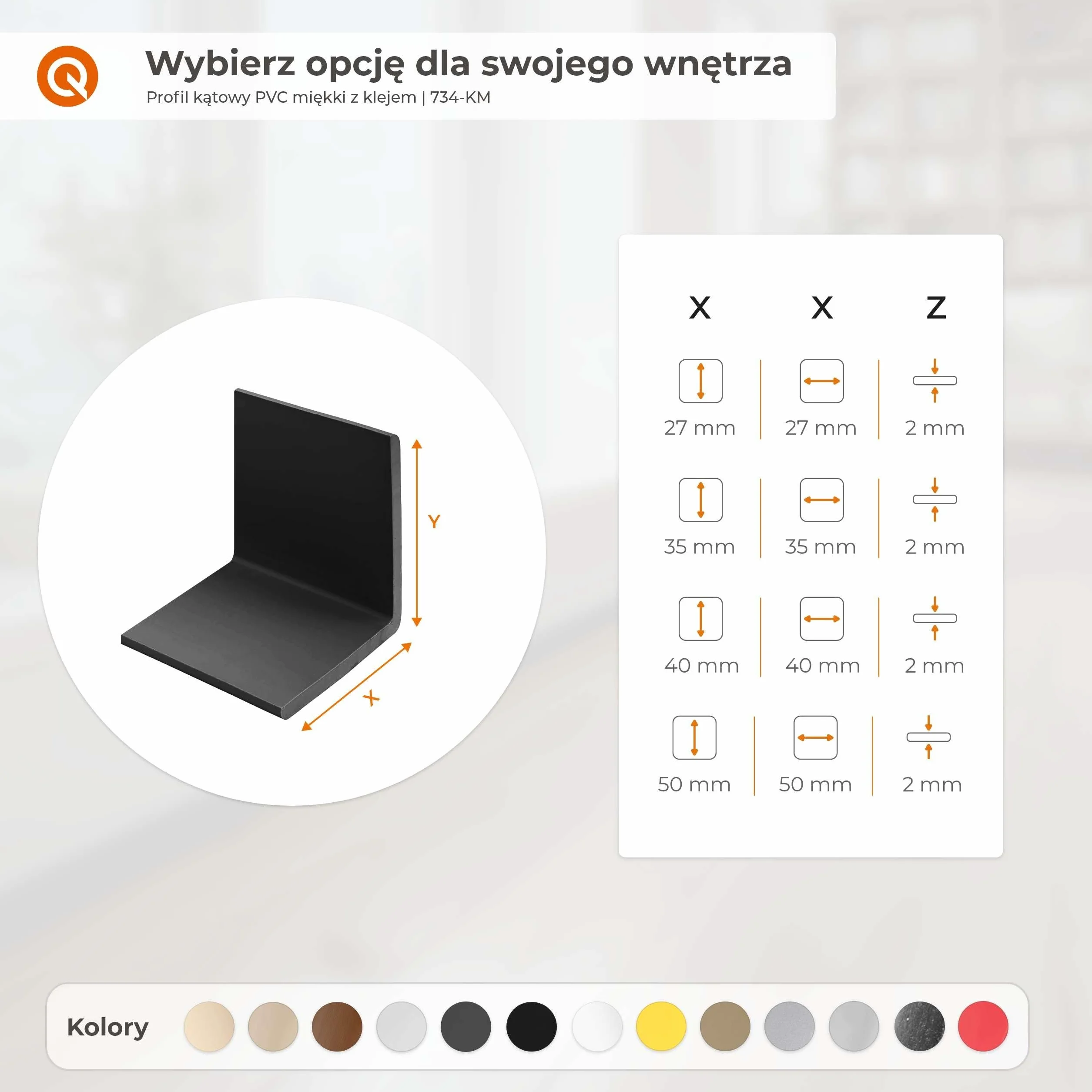 QUEST Kątownik miękki PVC 27x27 mm samoprzylepny, ochronny profil L kątowy, narożnik odbojnikowy z klejem, czarny, 70 cm