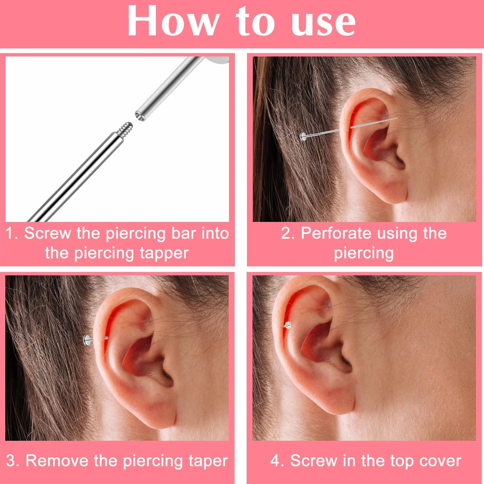 Telooco Zestaw do piercingu 6 sztuk, narzędzie do chwytania kulek do piercingu i 16G 18G stalowe narzędzie do wkładania kolczyków do piercingu z płaskim tyłem, zestaw do zmieniania piercingu na ucho