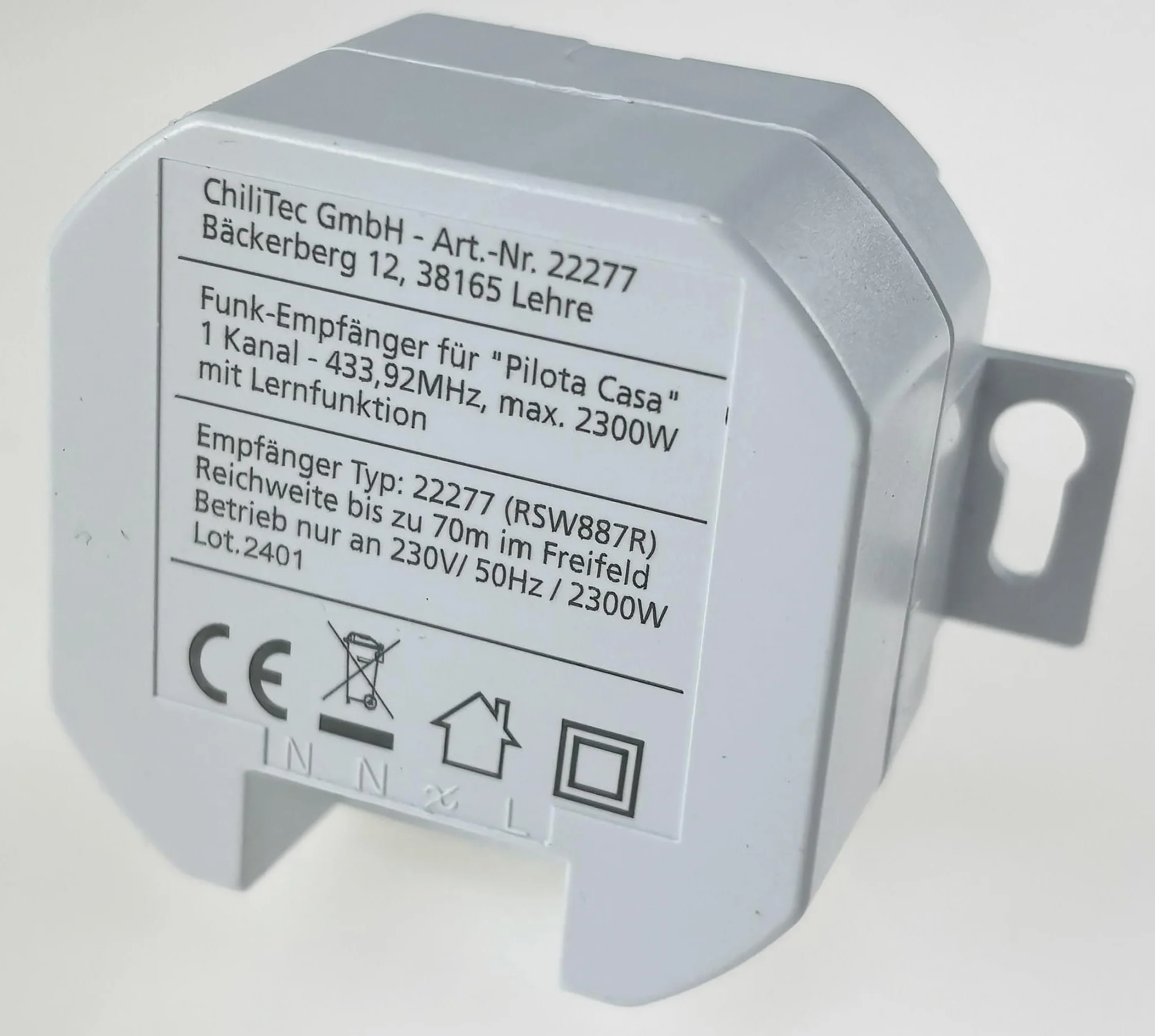 Odbiornik radiowy Pilota Casa 1-kanałowy 230 V 2000 W 70 m 49x49x25 mm