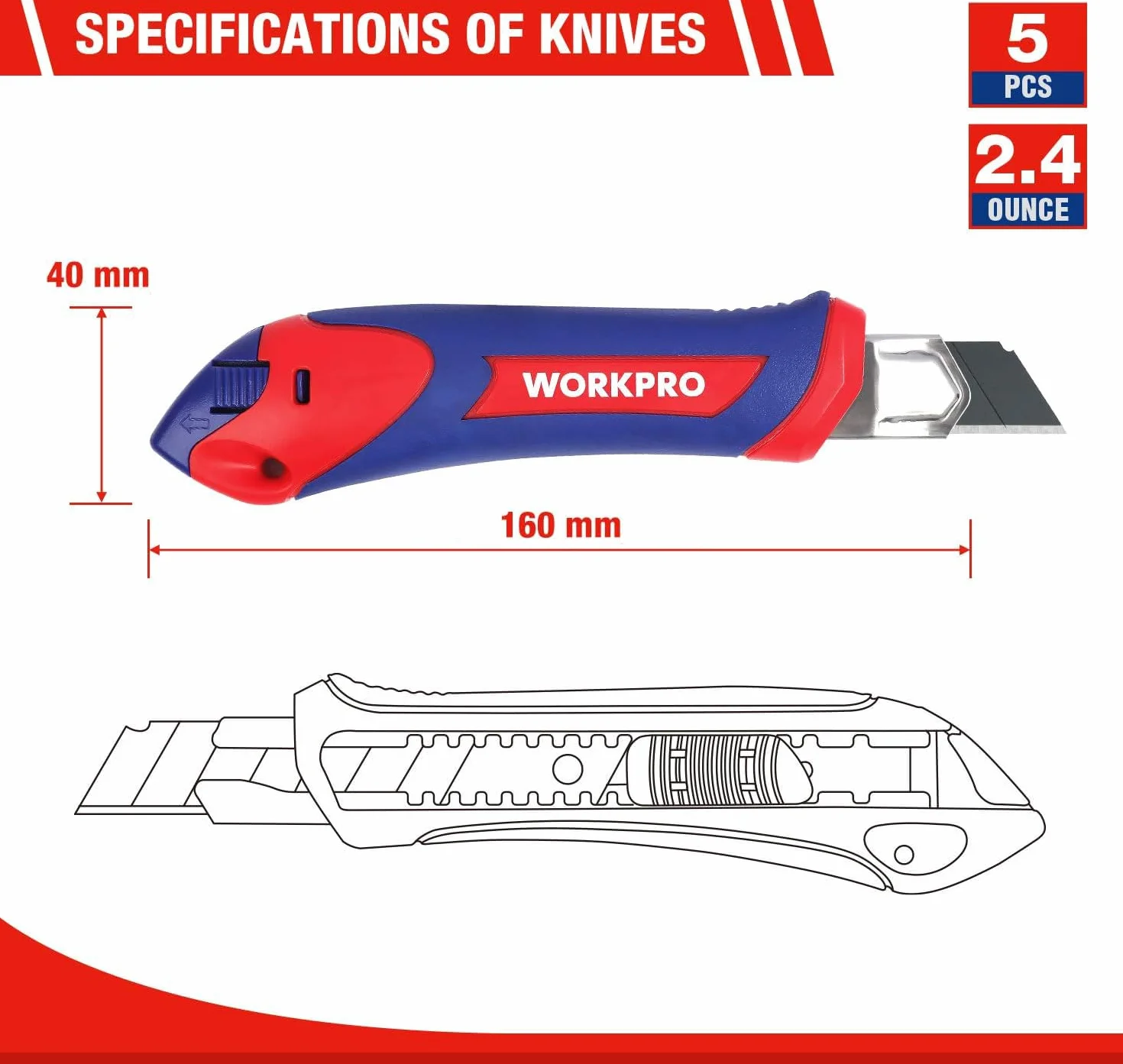 WORKPRO Nóż do cięcia z łamanym ostrzem 18 mm, 5 noży + 20 zapasowych ostrzy SK5, uniwersalny nóż introligatorski