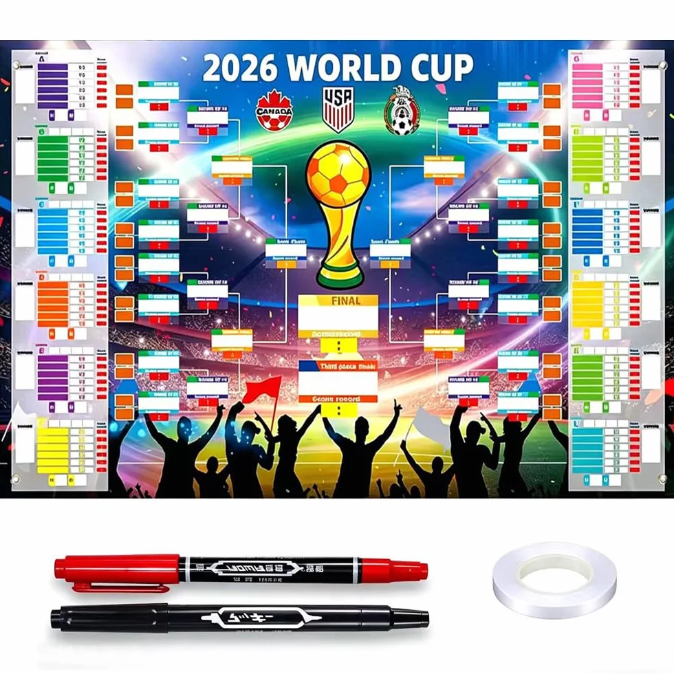 Shengou Plan meczów w piłce nożnej 2026, plakat z 2 piórami, planer piłki nożnej 150 x 90 cm, plan meczów MŚ 2026, plakat do dekoracji, zawiera 48 drużyn, grup, nokaut i finały wszystkie wyniki meczów