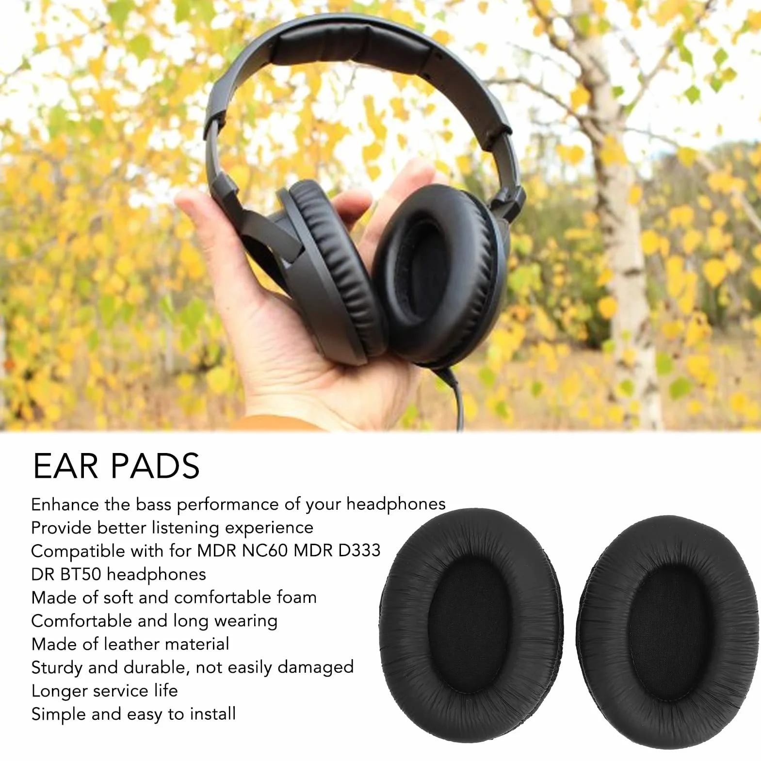 Vikye 2PCS Zastępcze Podkładki Douszne dla MDR NC60 MDR D333 DR BT50, Zestaw Słuchawkowy z miękką skórzaną białką Poduszki Earpad, Hałas - Izolowanie Pianki Pamięci