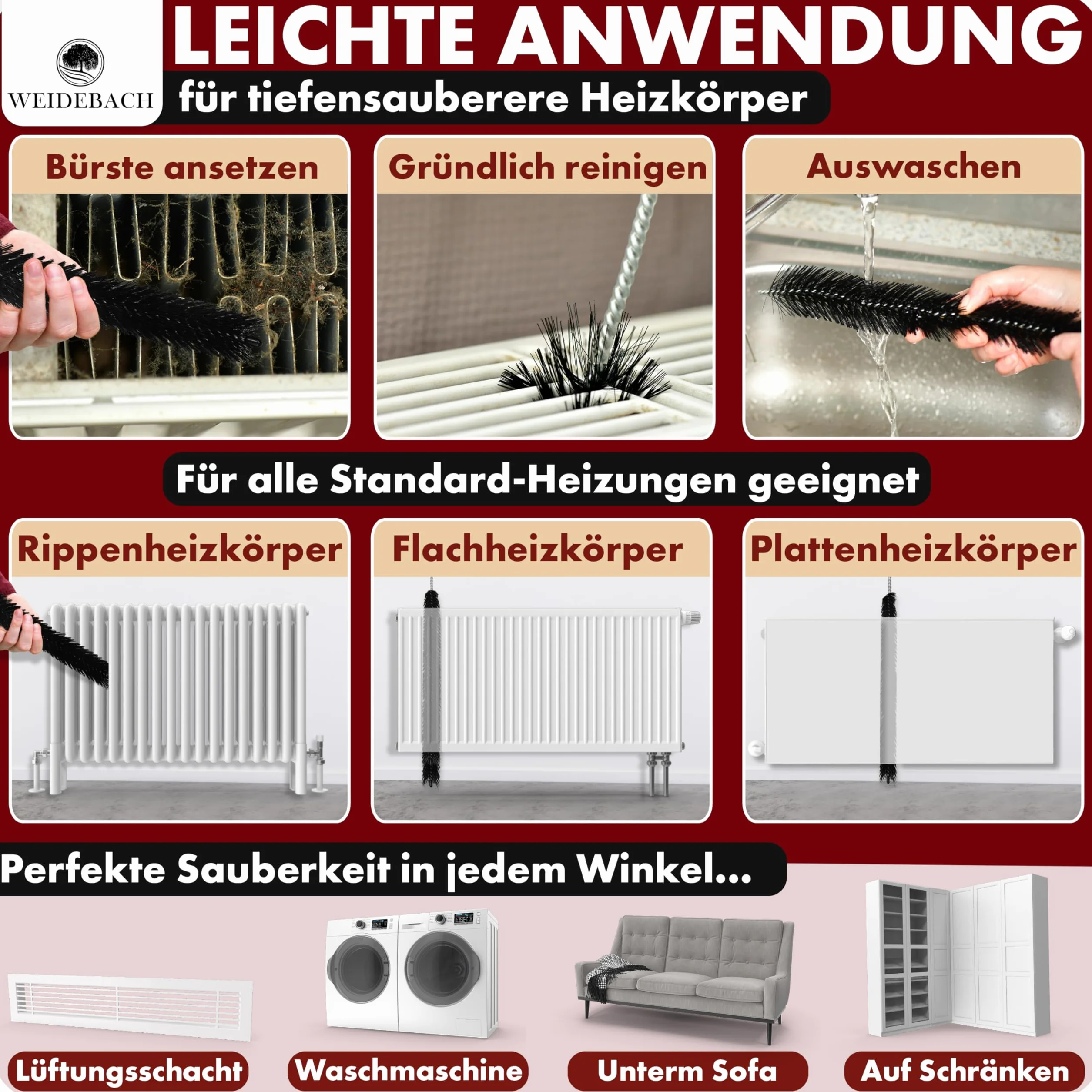 WEIDEBACH Szczotka do grzejników 90 cm długość całkowita 40 cm szczotka nylonowa do czyszczenia bez sierści zwierzęcej pod każdym kątem stabilna