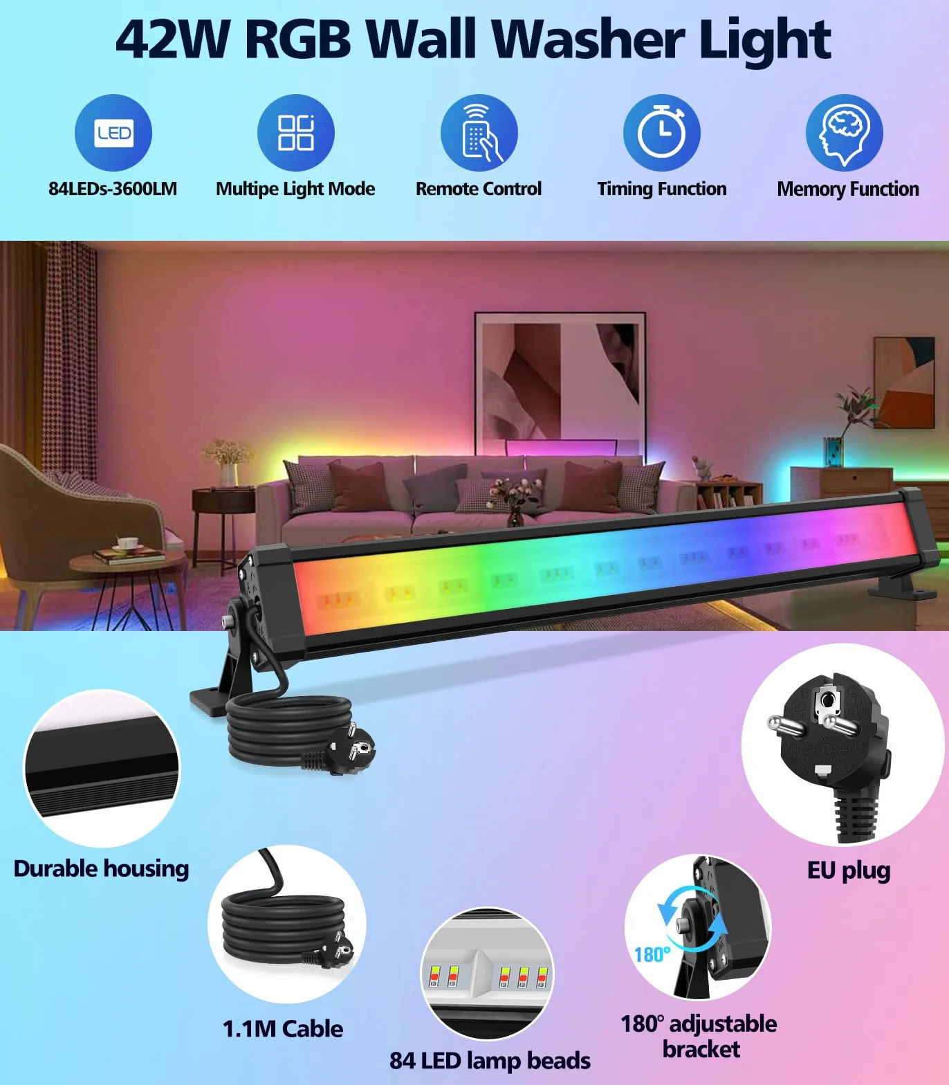 MEIKEE Reflektor RGB 42 W z pilotem, 360°, 10 kolorów, 30 trybów, timer, 6 poziomów jasności, LED