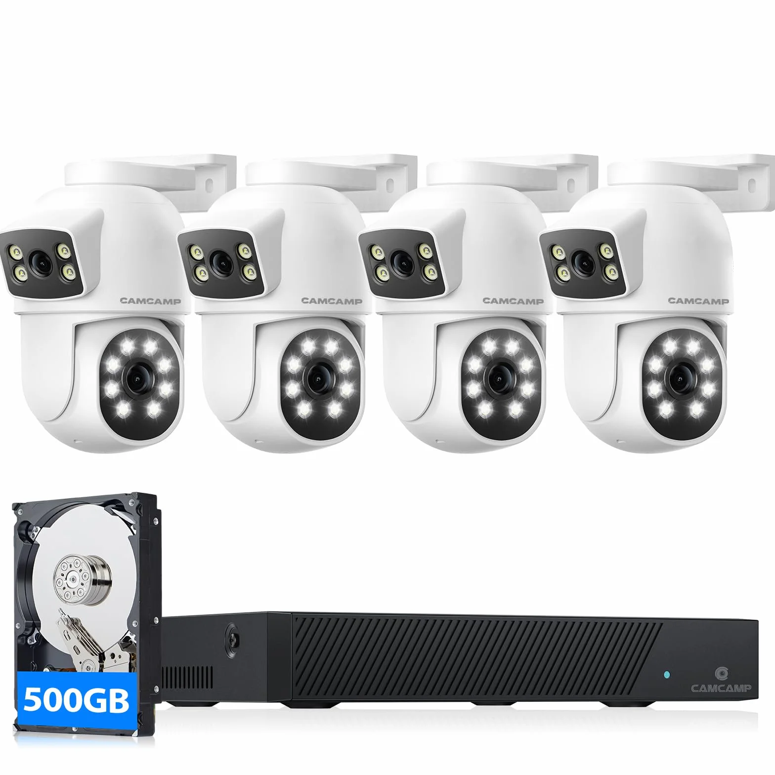 CAMCAMP Dwuobiektywowa kamera monitoringowa na zewnątrz: 4 x 4 MP PoE kamery z automatycznym śledzeniem, pełnokolorową noktowizją i 2-kierunkowym audio + 8-kanałowy 4K NVR (500 GB dysk) - Żadne koszty