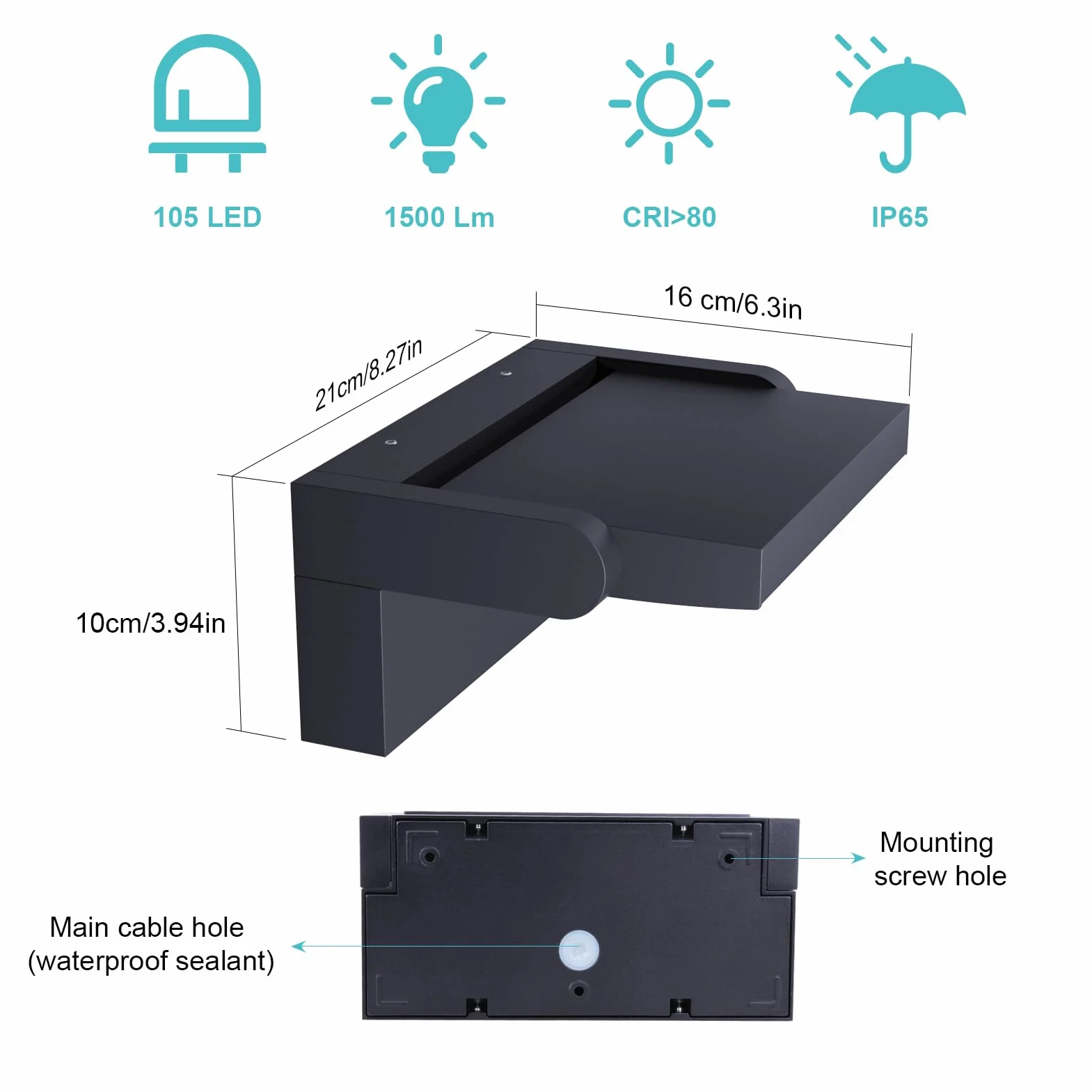 Klighten Lampa ścienna LED 24 W, na zewnątrz, wodoodporna, IP65, regulowana aluminiowa lampa ścienna, nowoczesne oświetlenie zewnętrzne, zasilanie sieciowe, do wejścia, ogrodu, na taras, 1500 lm
