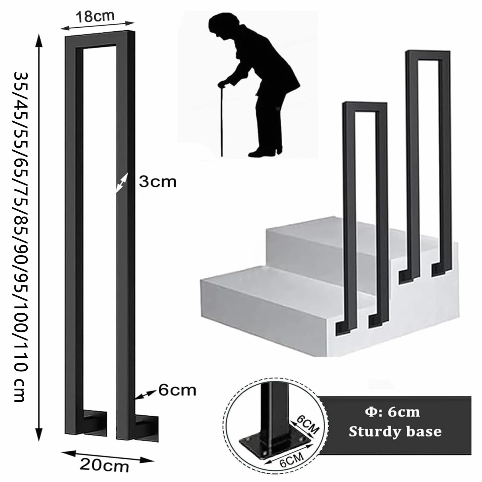 Poręcz schodowa U-kształtna metalowa czarna 100cm montaż boczny