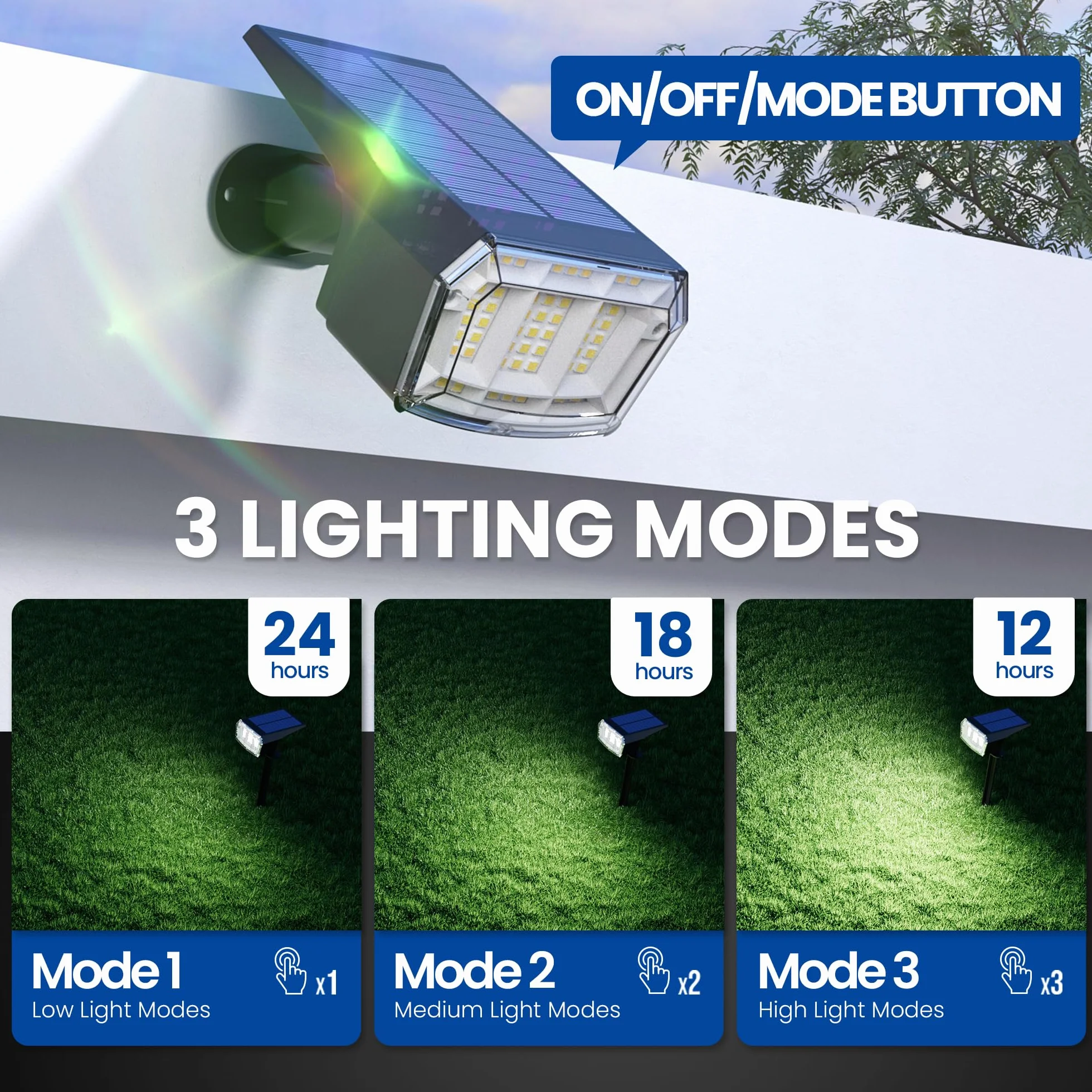 Solpex Solarne lampy punktowe, 4 sztuki, lampy solarne do ogrodu, 63 diody LED, 3 tryby oświetlenia, wodoodporne reflektory IP65, na podwórko, do ogrodu, domu, garażu, na ścieżkę (zimna biel)