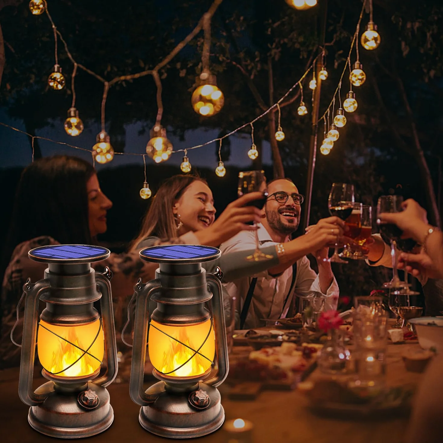 Shinmax Latarnia do użytku na zewnątrz, w stylu retro, 2 sztuki, efekt płomienia, lampa solarna do użytku na zewnątrz, wisząca latarnia, odporna na warunki atmosferyczne, na kemping (solarna)