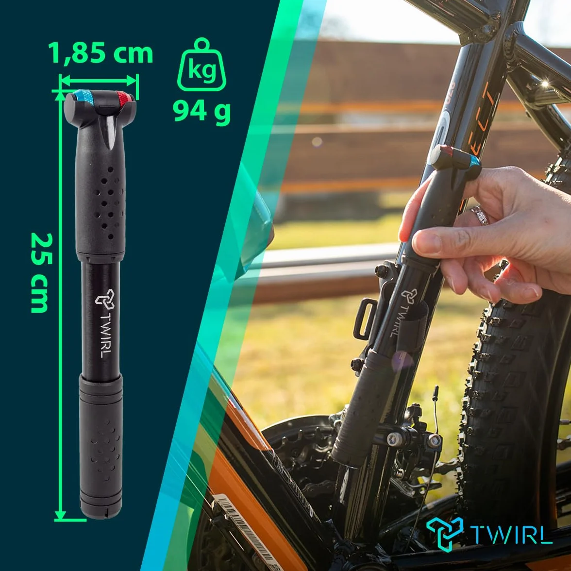 Pompka rowerowa TWIRL, mała, wąż rozciągliwy, pompka rowerowa, mini, pompka rowerowa wszystkie zawory