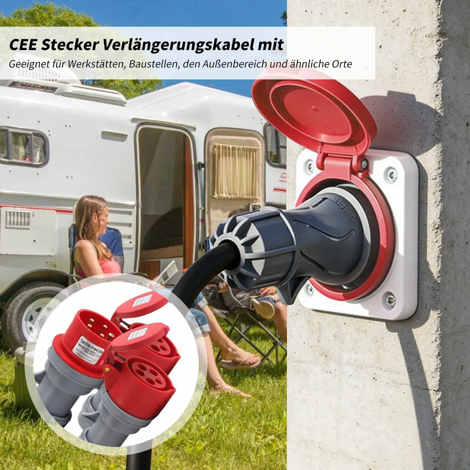 Adapter CEE 32 A na 16 A, 2 x gniazdo CEE 230 V 16 A, 5-biegunowy, przedłużacz IP44-68, rozdzielacz prądu 1,5 m