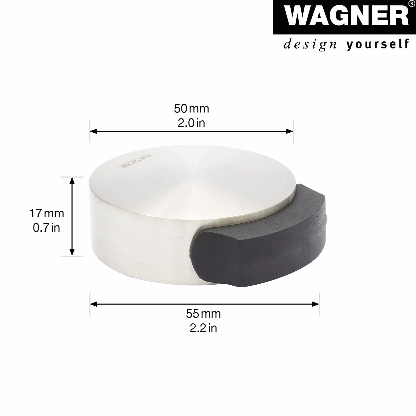 WAGNER Designerski stoper podłogowy do drzwi SCREW OR GLUE/wkręty lub klejone - średnica Ø 50 x 55 x 17 mm, szczotkowany metal, wygląd stali nierdzewnej, kauczuk termoplastyczny, cena designu -