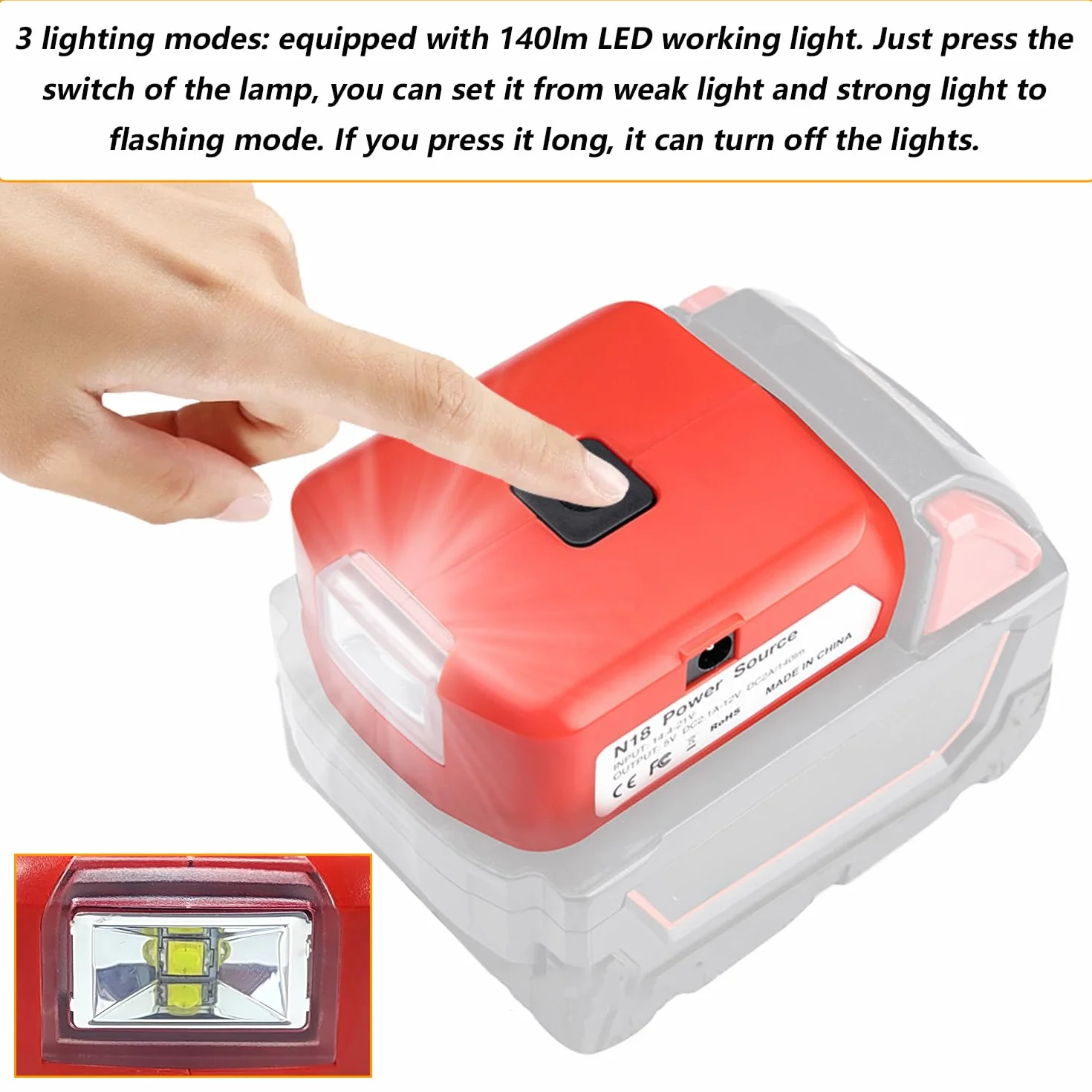 Adapter do baterii litowej 18 V 5 V/2,1 A podwójny adapter ładujący USB światło robocze LED 12 V DC konwerter mocy dla Milwaukee M18 czerwony