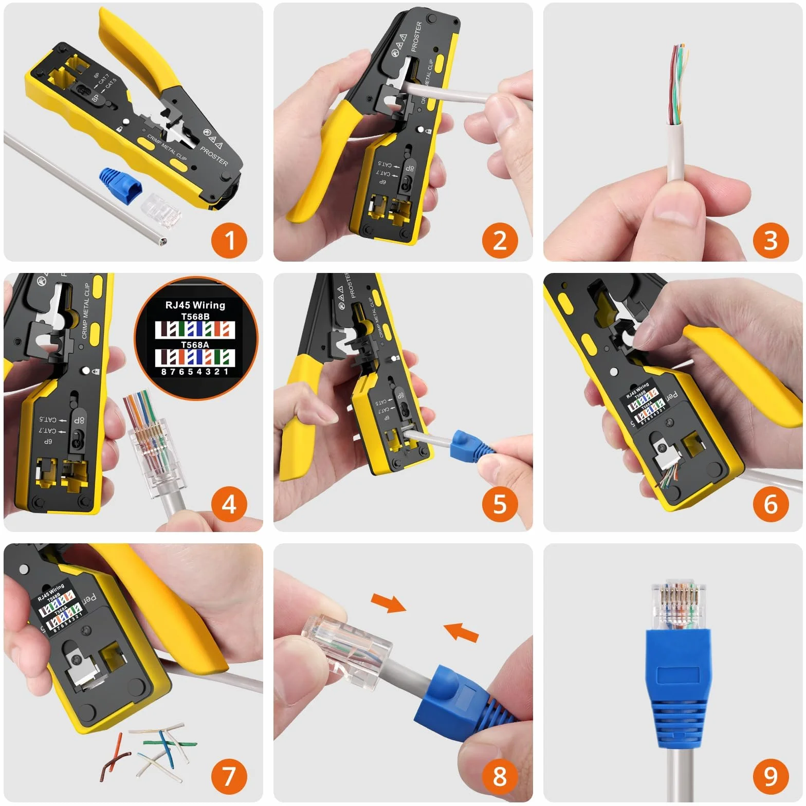 Proster Zaciskacz RJ45 profesjonalny wielofunkcyjny do kabli sieciowych CAT5 CAT6 CAT6A CAT7 Ethernet