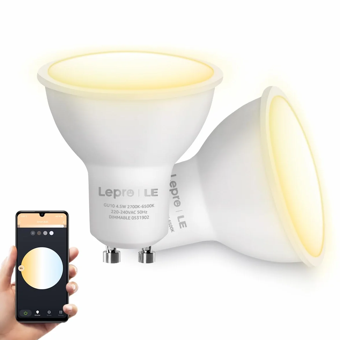 Lepro GU10 inteligentne lampy LED, Alexa, możliwość ściemniania, ciepła biel i zimna biel, żarówki LED (4,5 W = 50 W, żarówka halogenowa), kompatybilna z Alexa i Google Home, 2 sztuki
