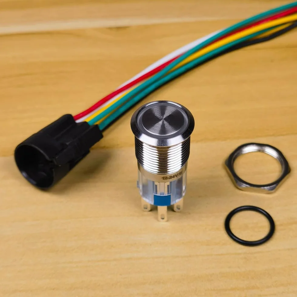 Gebildet Chwilowy Przełącznik Przyciskowy ze Stali Nierdzewnej 16 mm DPDT 2NO 2NC 12V-24V/5A Niebieska dioda LED