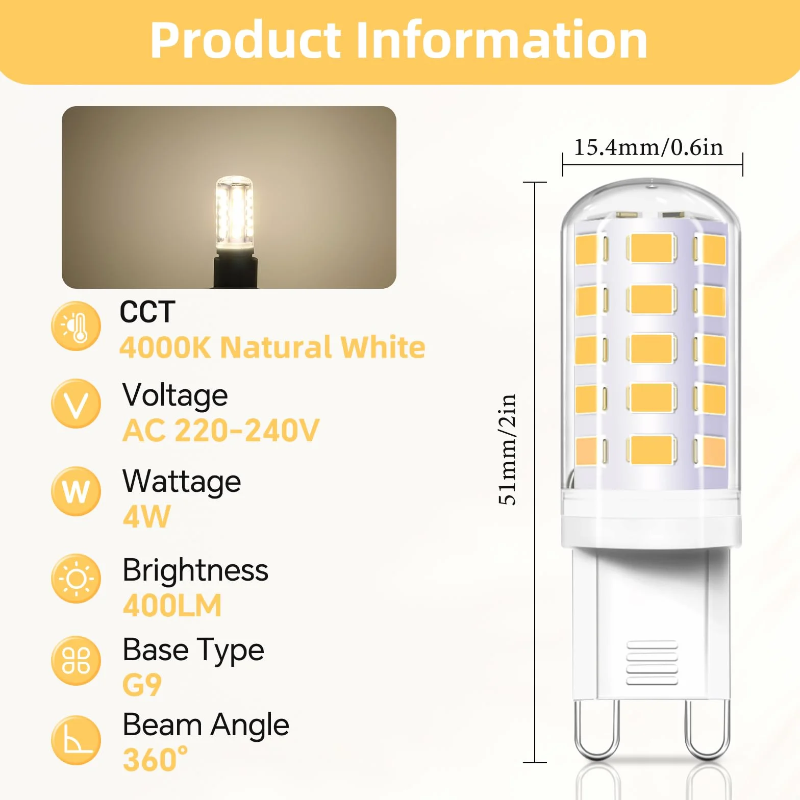 Akynite Żarówki LED G9 4W 4000K 400lm AC220-240V 6 sztuk