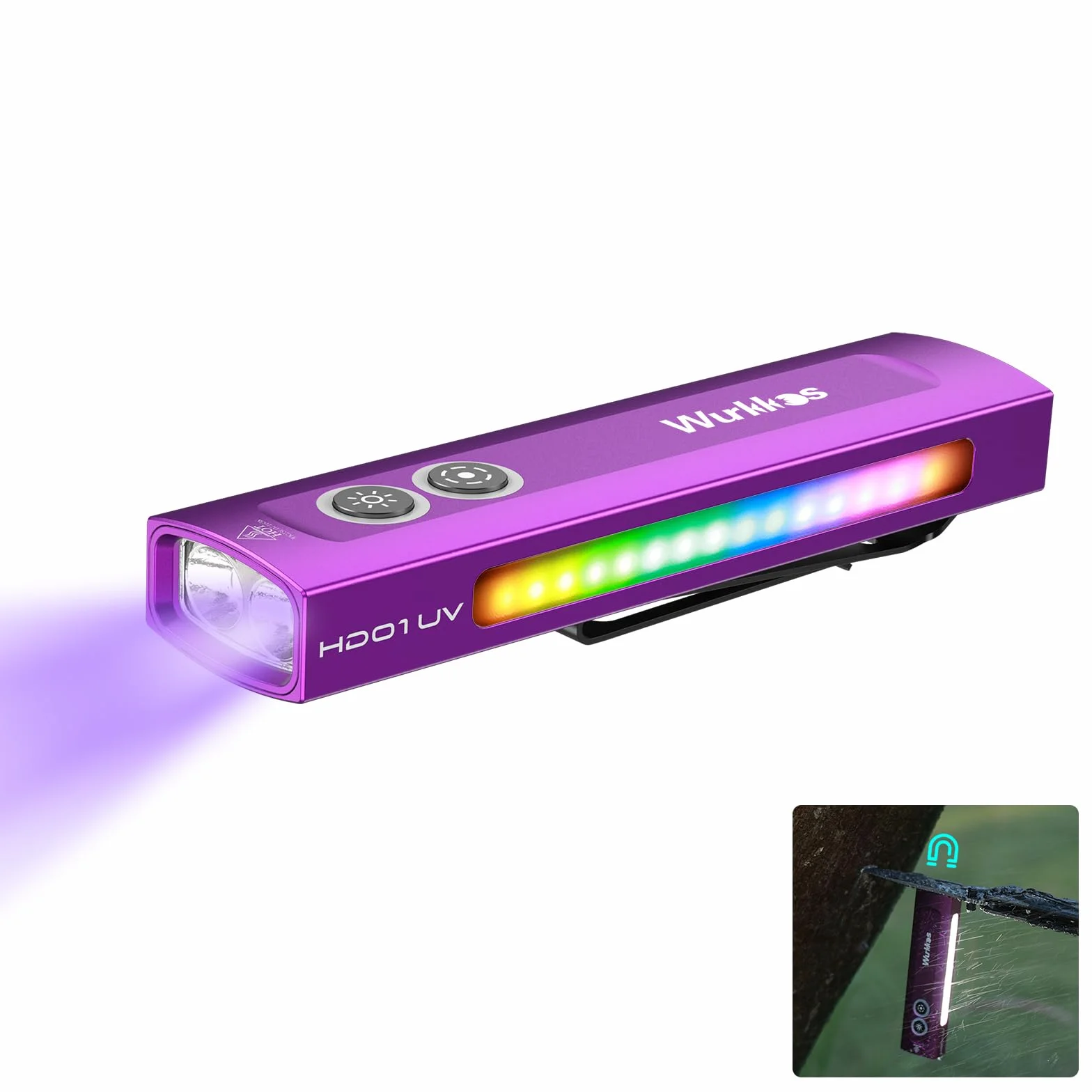 Wurkkos HD01 Latarka UV 1200 lumenów 157 m potrójne źródło światła czarne światło białe światło boczne RGB z akumulatorem