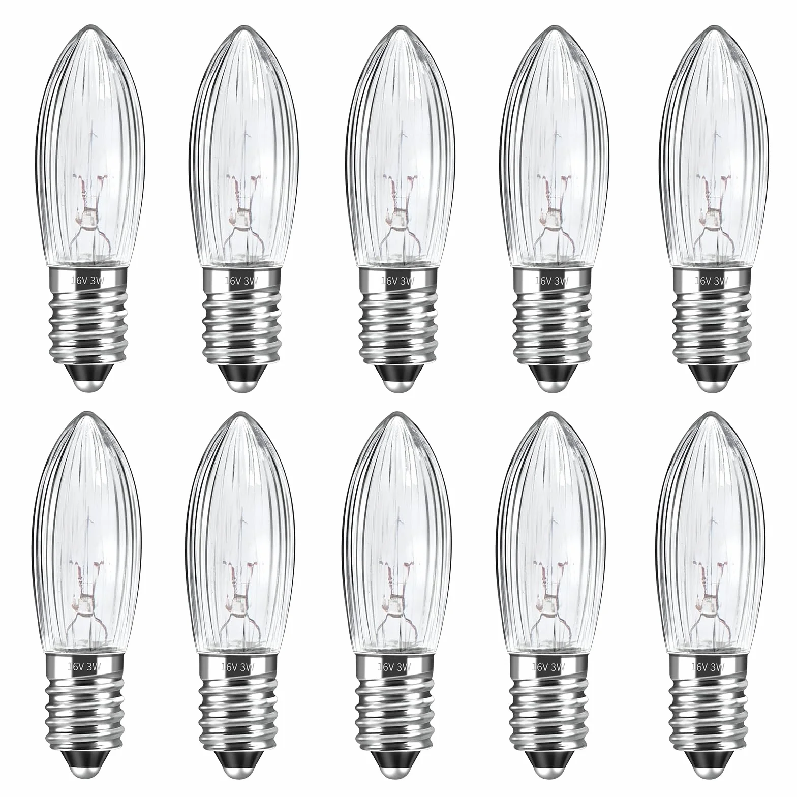 Żarówki E10 3W 16V 2700K ciepła biel do świec, lampek choinkowych, zestaw 10 sztuk