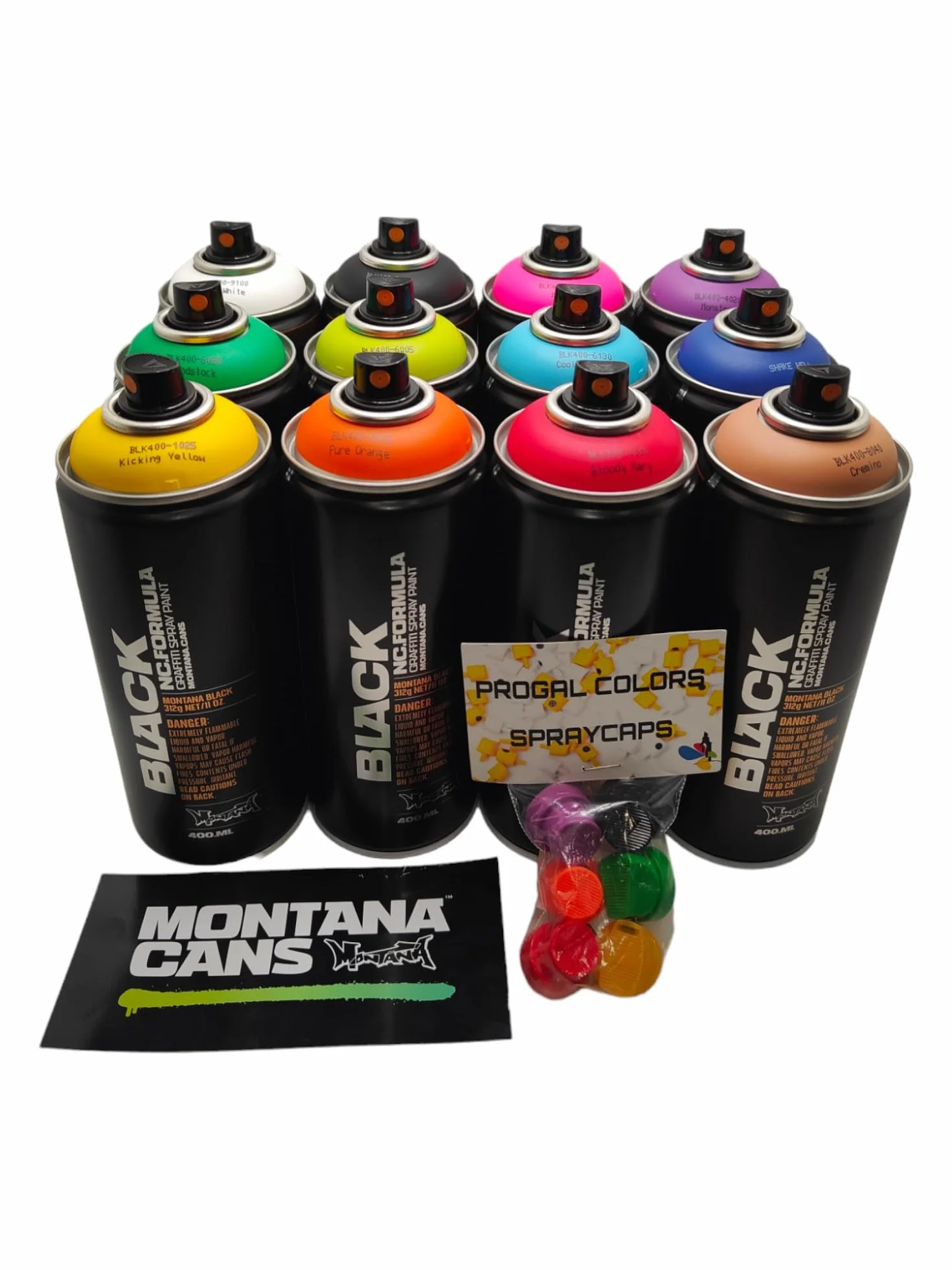Montana Black 400 ml farba w sprayu zestaw 12 sztuk + 6 głowic natryskowych graffiti