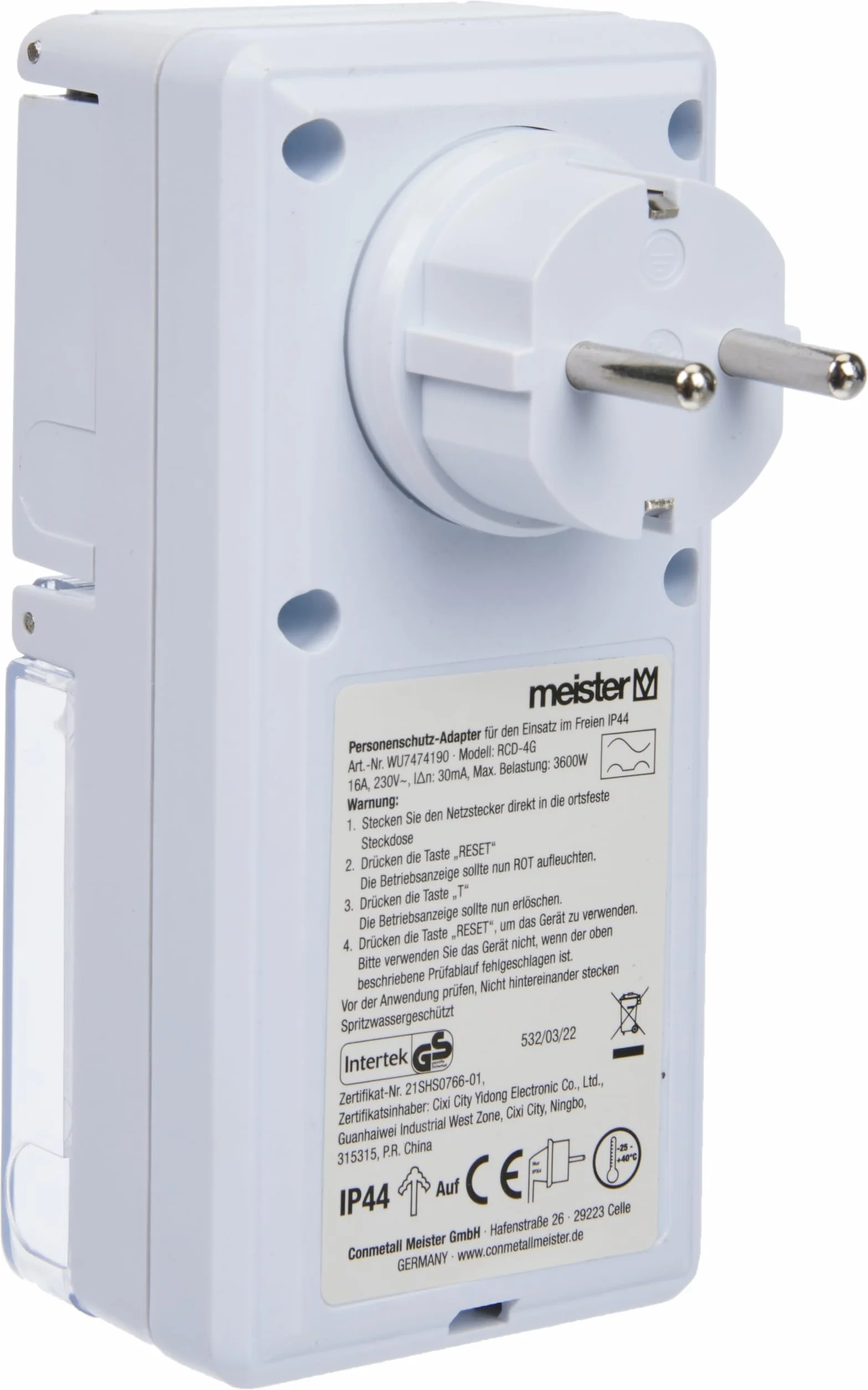 Meister Adapter ochrony osobistej – 3600 W – z gniazdem Schuko – z włącznikiem testowym i przyciskiem resetowania – IP44 do użytku na zewnątrz/ochrona osobista/ochrona przed prądem