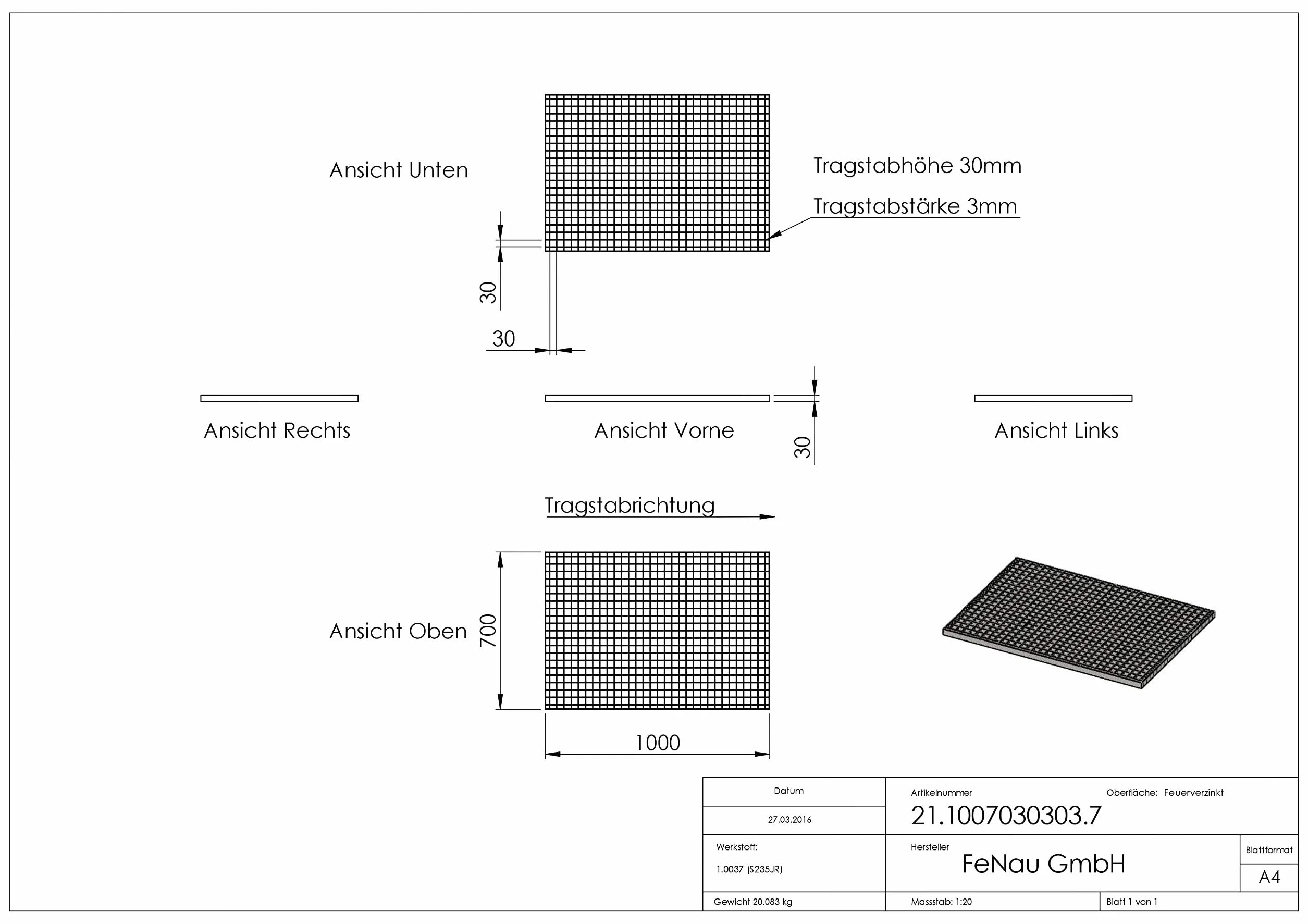 Fenau Ruszt przemysłowy 1000x700x30mm 3mm cynkowany ogniowo 2,29 kN 11,76 kN