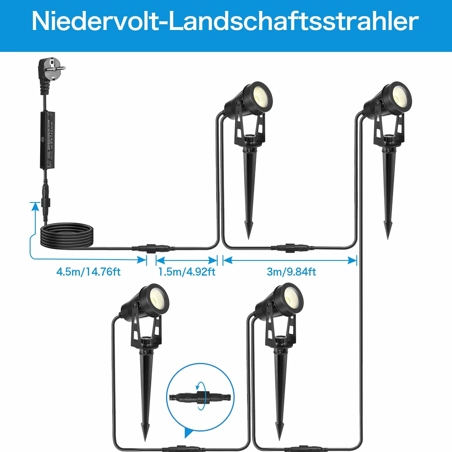Zewnętrzna lampa punktowa LED 4 w 1 14 m ciepła biel 3000 K 12 V IP65