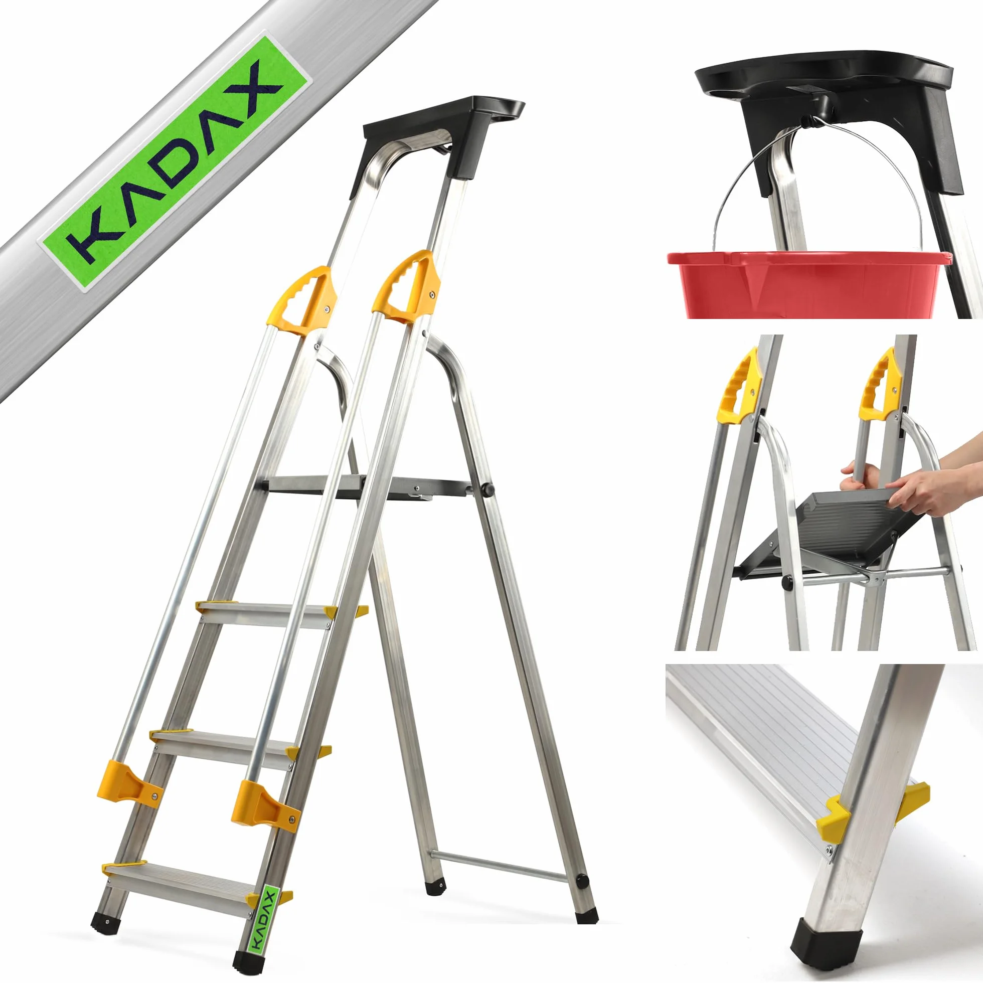 KADAX Drabina aluminiowa 4-stopniowa składana z poręczą 150 kg
