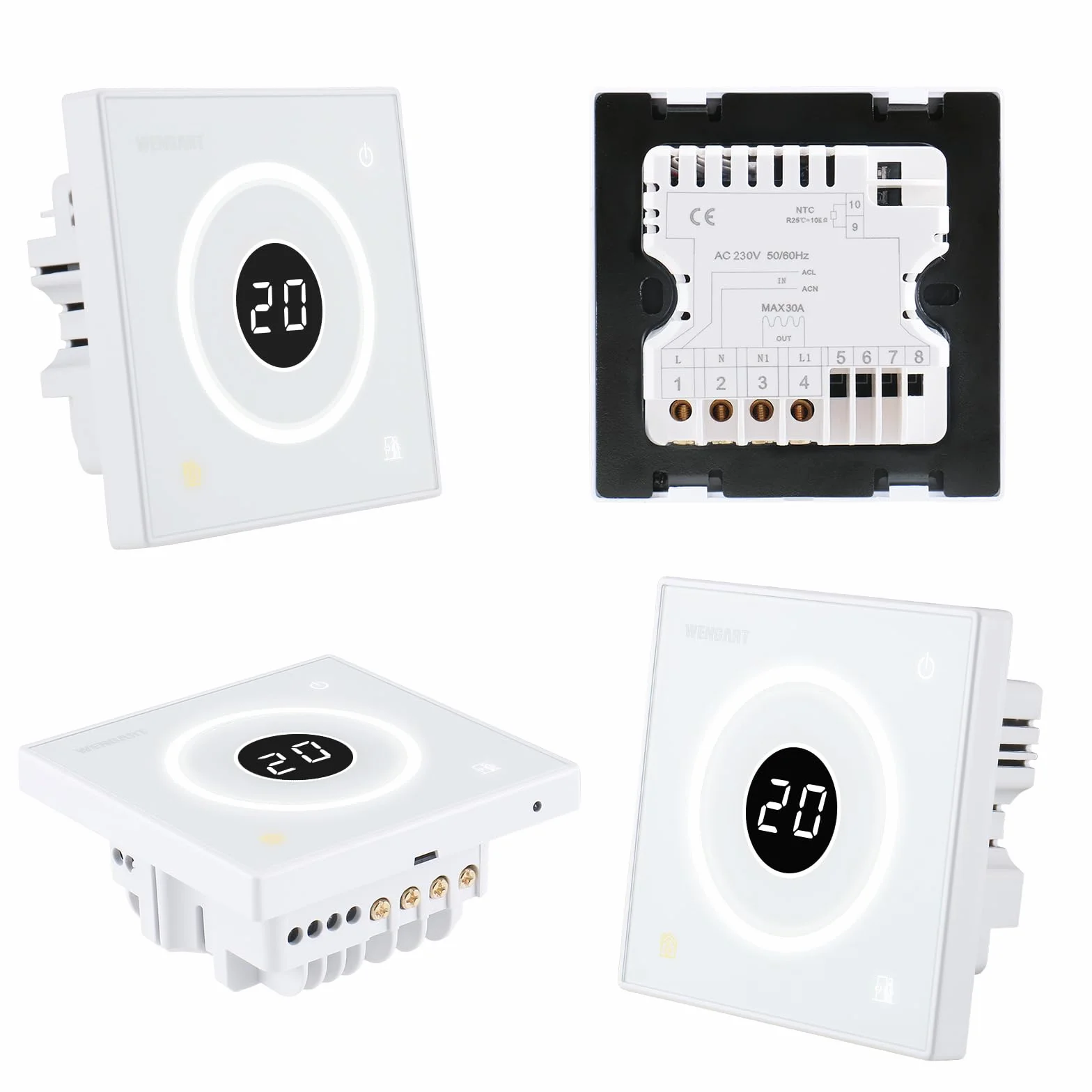 Wengart Inteligentny termostat WG502 AC230V 30A Elektryczny podgrzewacz podłogowy z czujnikiem 3m biały