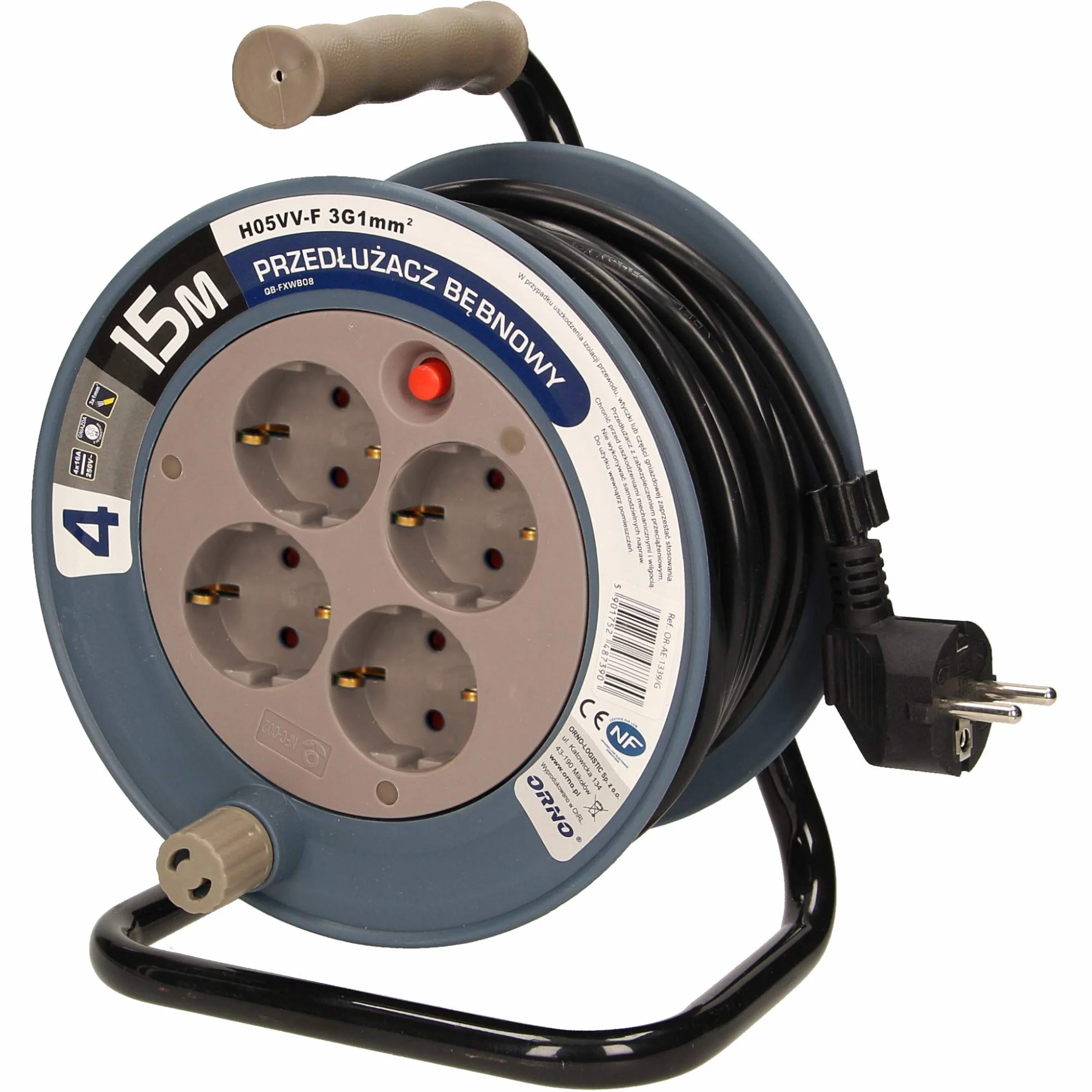 Orno AE-1339 mini bęben kablowy 15 m 4 gniazda metalowy stojak zabezpieczenie termiczne 2300 W 10 A 230 V 50 Hz szary