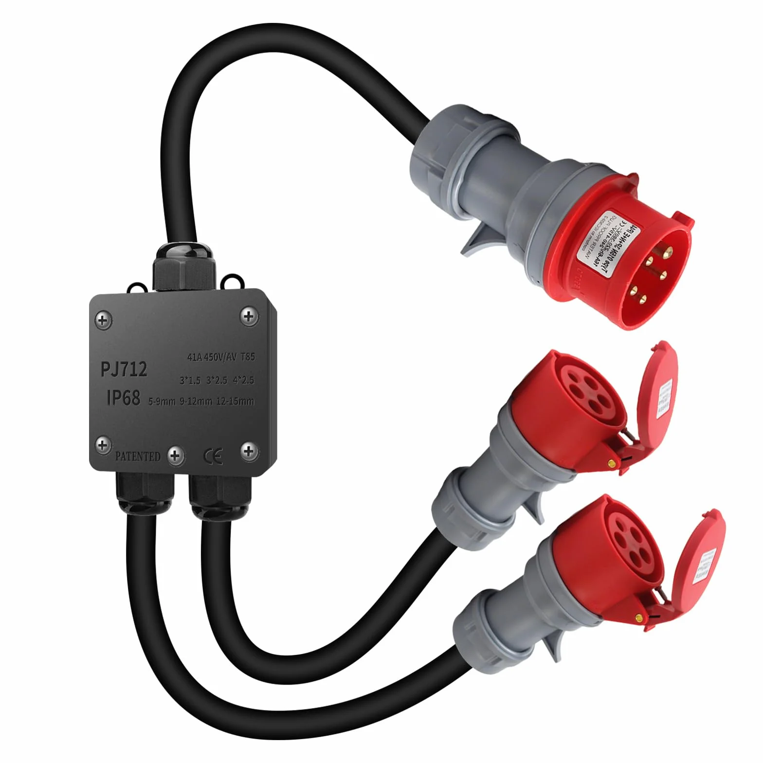 Adapter CEE 32 A na 16 A, 2 x gniazdo CEE 230 V 16 A, 5-biegunowy, przedłużacz IP44-68, rozdzielacz prądu 1,5 m
