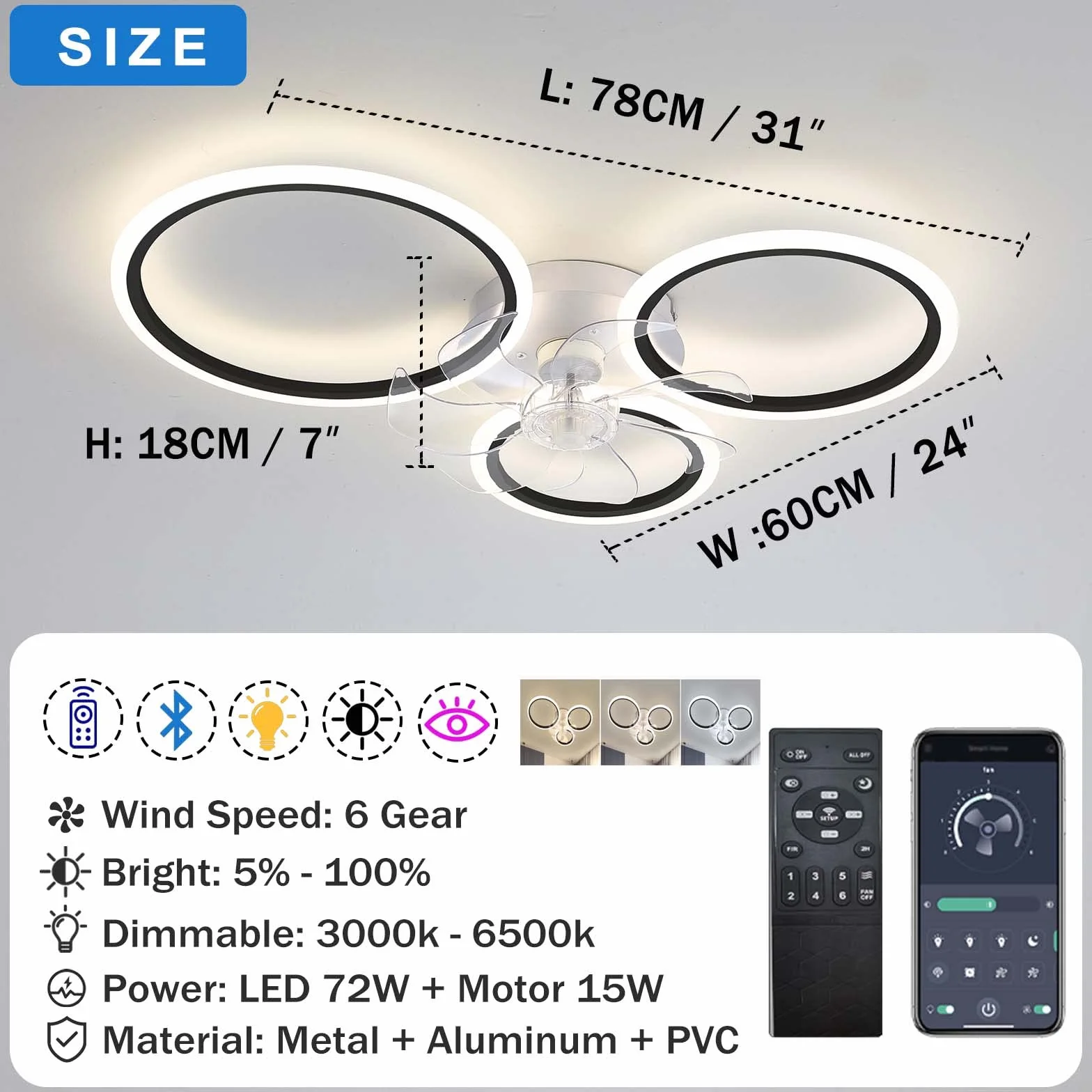 Nowoczesny Wentylator sufitowy z oświetleniem z pilotem zdalnego sterowania LED 72W Ściemnialne Lampa, Lampa sufitowa wentylator dla Pokój dzienny Sypialnia Kuchnia, Czarny 78cm