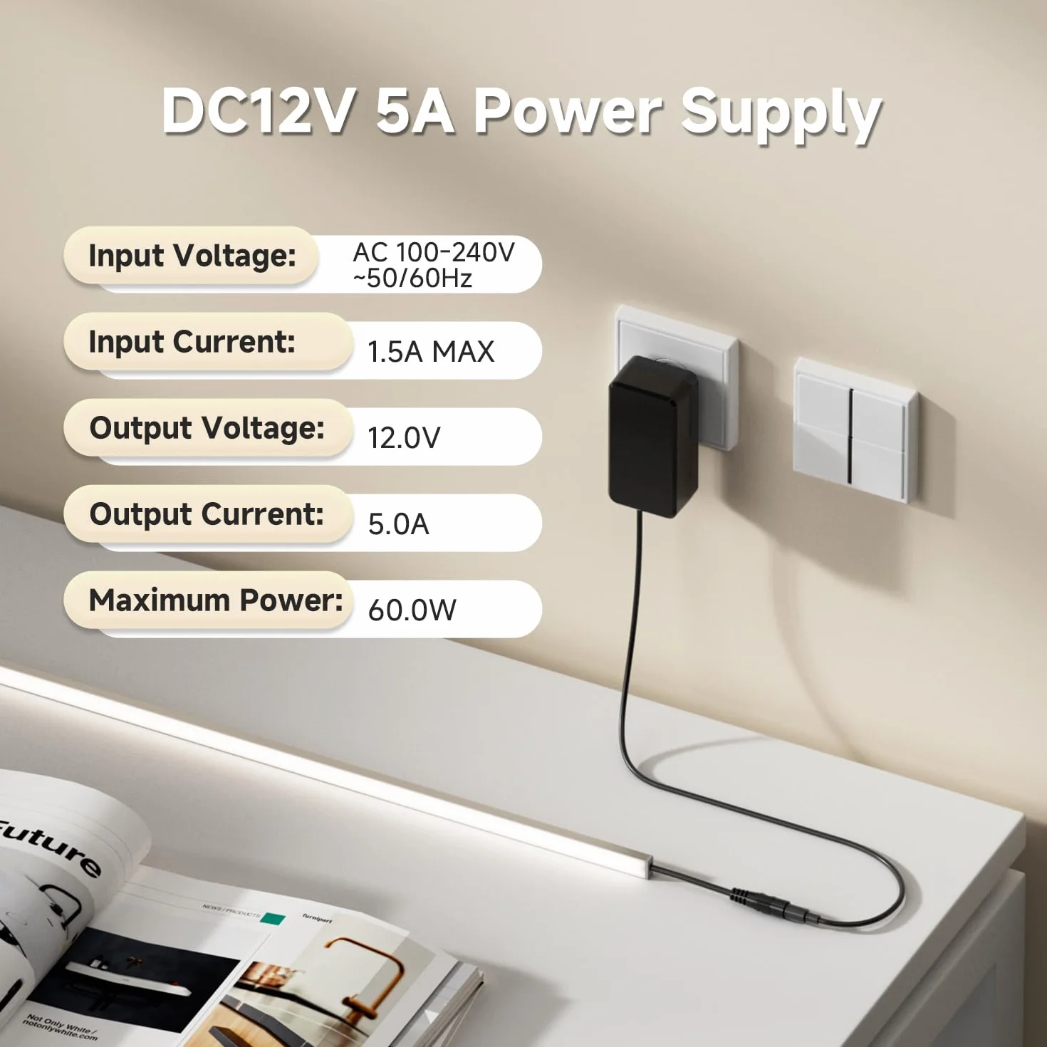 BTF-LIGHTING Zasilacz LED 12V 5A 60W CE AC 100-240V na DC 12V do taśm LED WS2811 WS2815