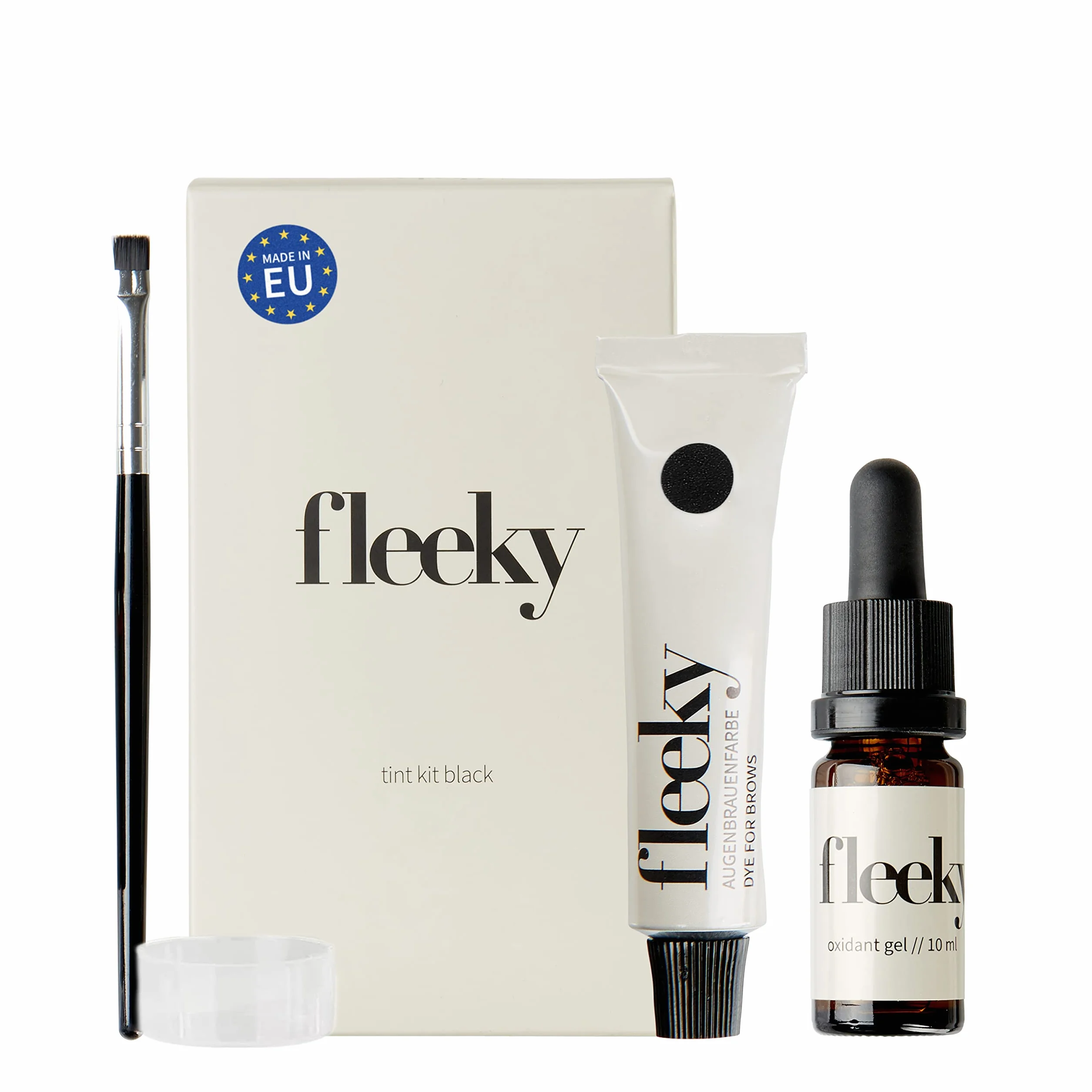 fleeky Tint Kit Black – zestaw "zrób to sam" do farbowania bajek na twarzy, takich jak brwi, broda itp. składa się z farby, żelu, utleniacza, pędzla do farbowania, peelingu