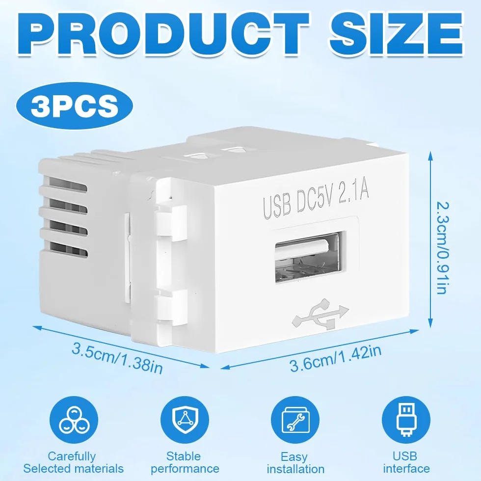 Moduł zasilania USB podtynkowy 220V na 5V 2,1A gniazdo ładowania 3 sztuki