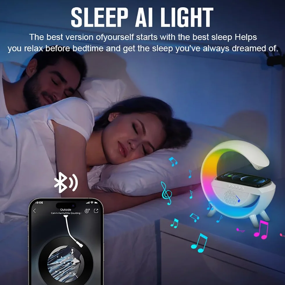 Lampa nastrojowa RGB bezprzewodowa ładowarka 10 W Głośnik BT Budzik LED black