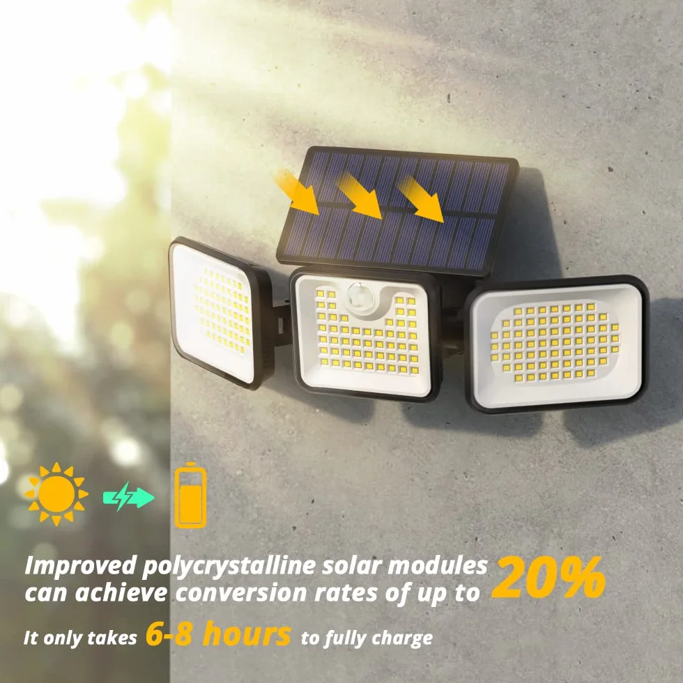 OUSFOT Zewnętrzne światło słoneczne z czujnikiem ruchu 180 diod LED Reflektor 3 tryby 270° do ogrodu garażu