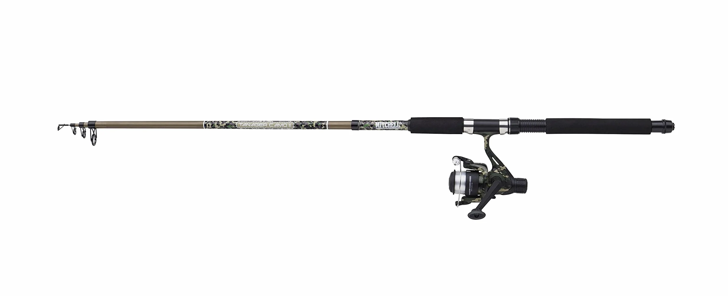 Mitchell Tanager Camo II Tele Spin Combo, teleskopowa wędka i kołowrotek, idealna dla początkujących lub okazjonalnych wędkarzy, drapieżników, szczupaków, sandaczy, zielony moro, 2,4 m, 10-30 g