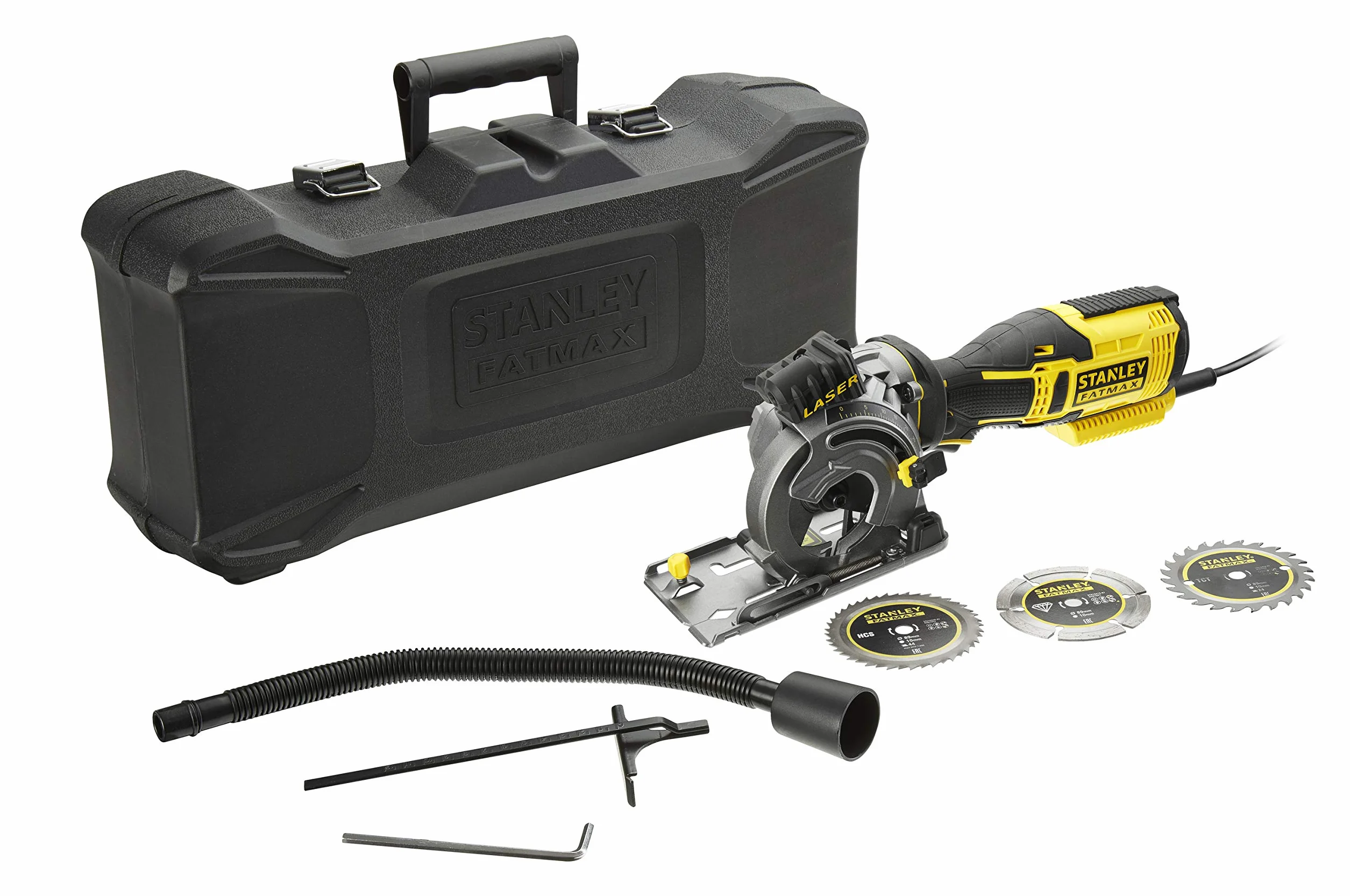 Stanley FatMax FME380K kompaktowa ręczna pilarka tarczowa 650 W, metalowa przekładnia, laser, ogranicznik równoległy, zestaw z walizką