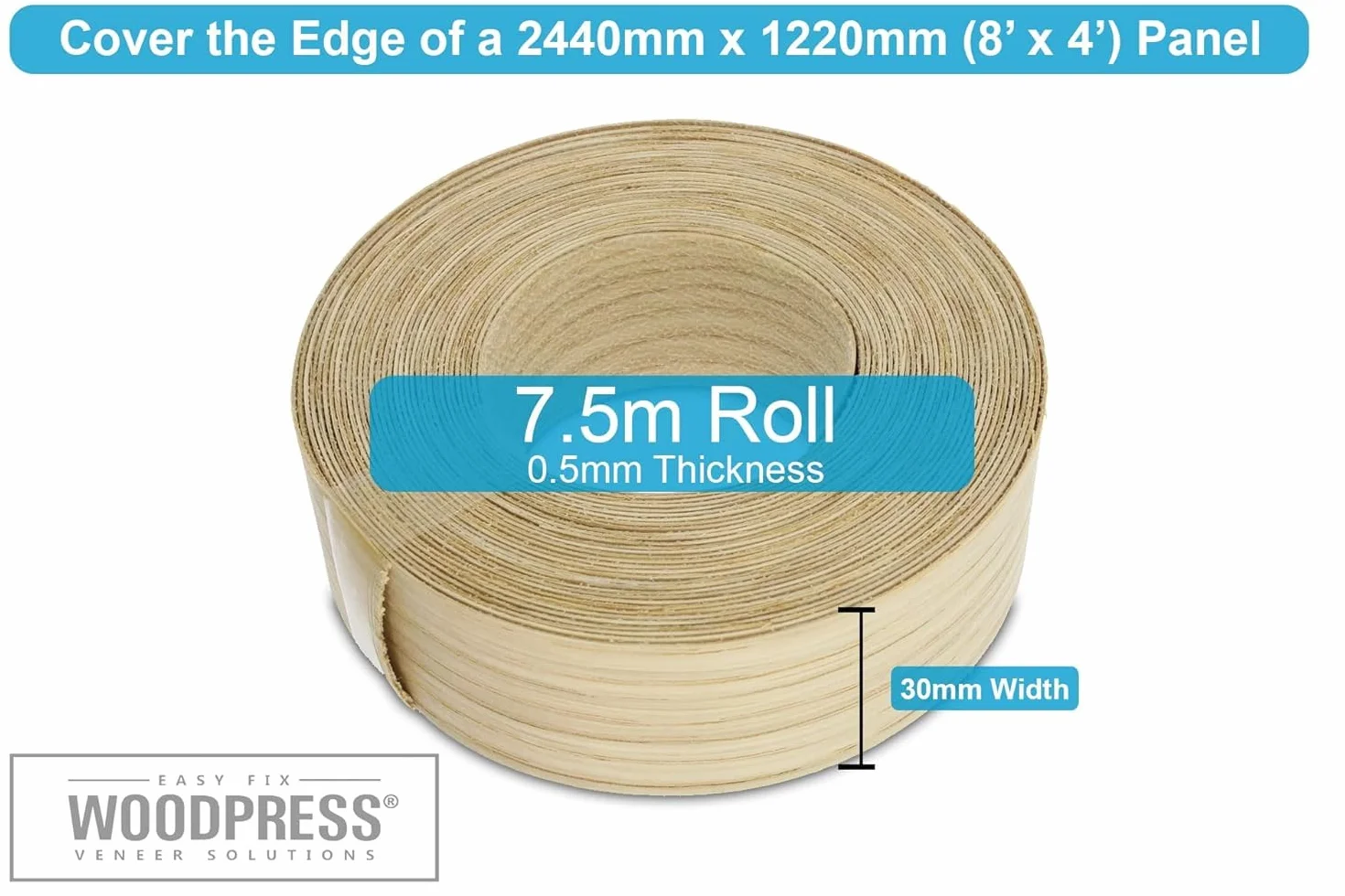 Oak Veneer Edging 30mm 7.5m Roll Pre-Glued Iron-On Real Wood Tape