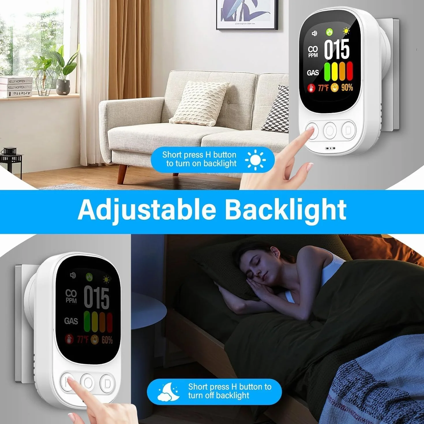 Detektor tlenku węgla, czujnik gazu palnego 2 w 1, alarm gazowy 2s 50 ppm ekran LCD