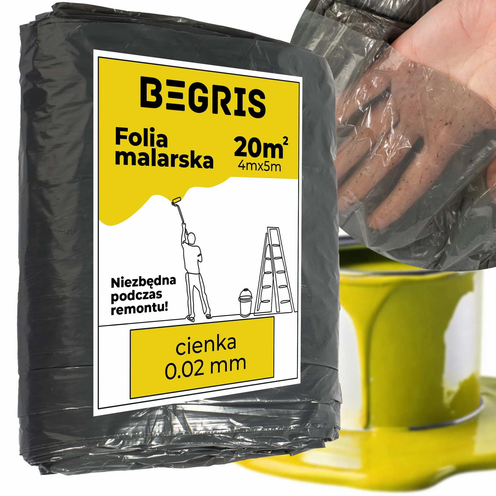 Folia Malarska Gruba 0.02mm Na Meble, Podłogi, Okna Ochronna Plandeka do Malowania 4x5m Wytrzymała Folia Osłonowa Powierzchni Podczas Malowania i Remontu Folia Ochronna Czarna