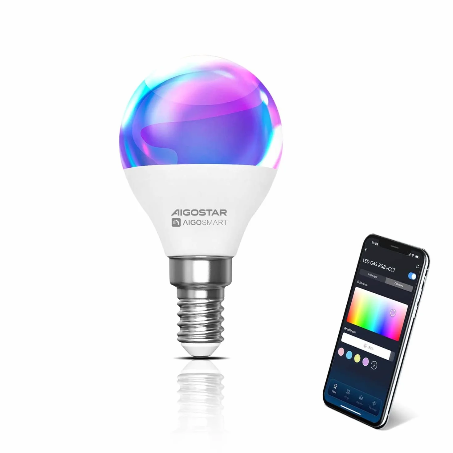 Aigostar Inteligentna Żarówka LED G45 E14 6,5 W WiFi RGBCW, Kompatybilna z Alexą/Google Home, Pilot, Sterowanie Głosowe