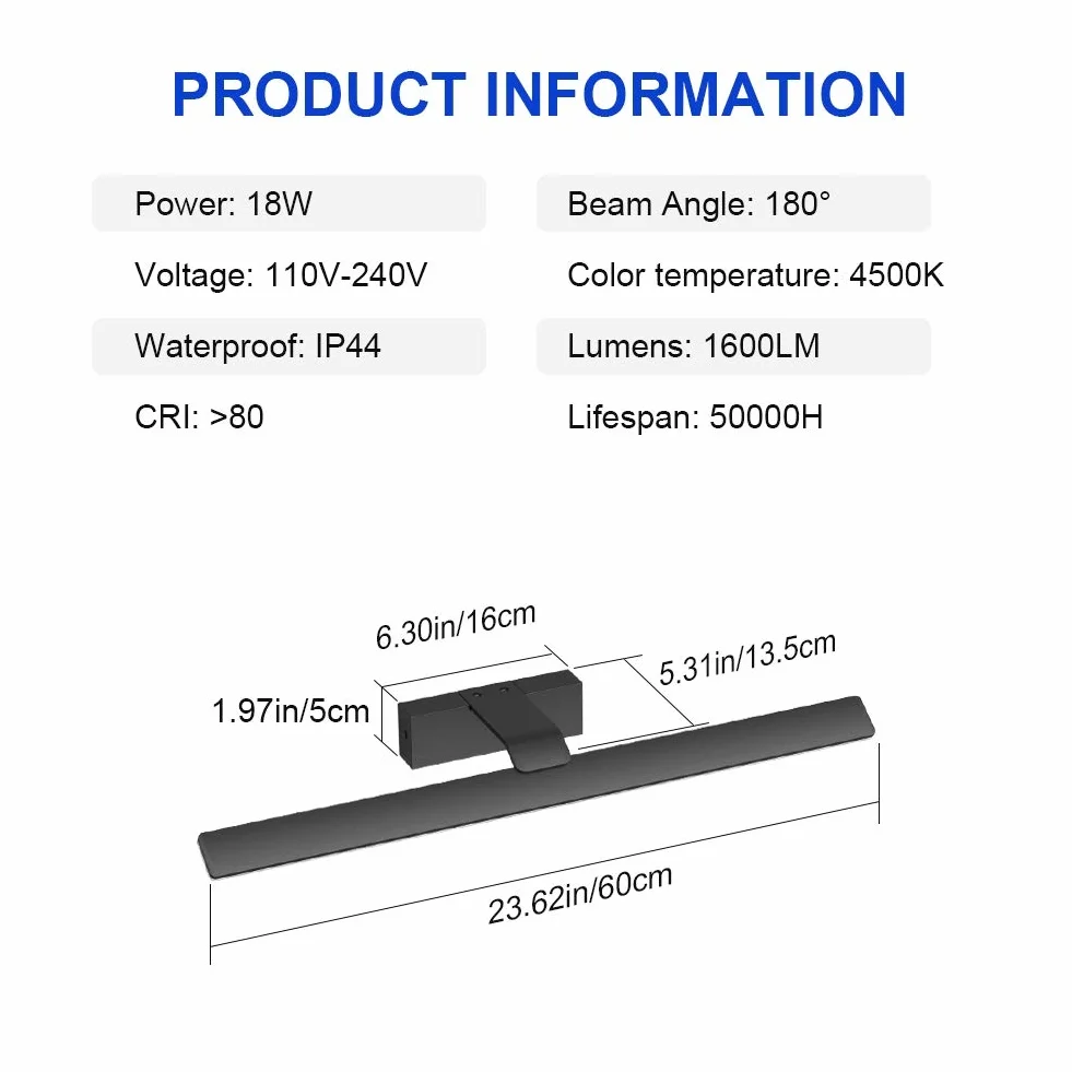 Klighten Lampa ścienna 18 W 104 diody LED 60 cm naturalna biel lustro do makijażu