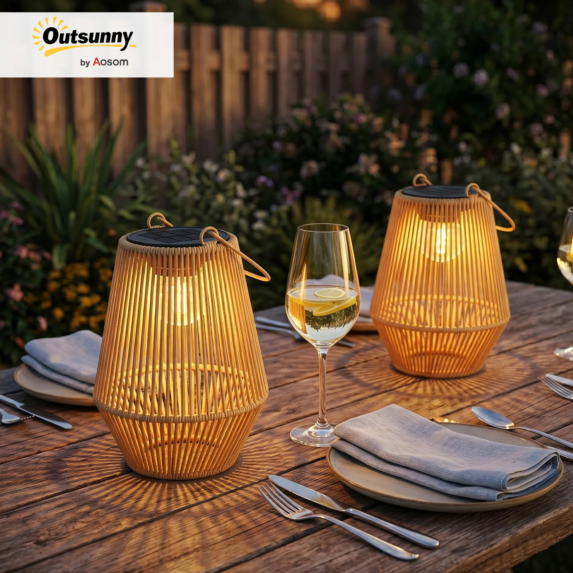 Outsunny Solarna lampa stojąca zestaw 2 szt. rattanowa IP44 wodoszczelna do ogrodu